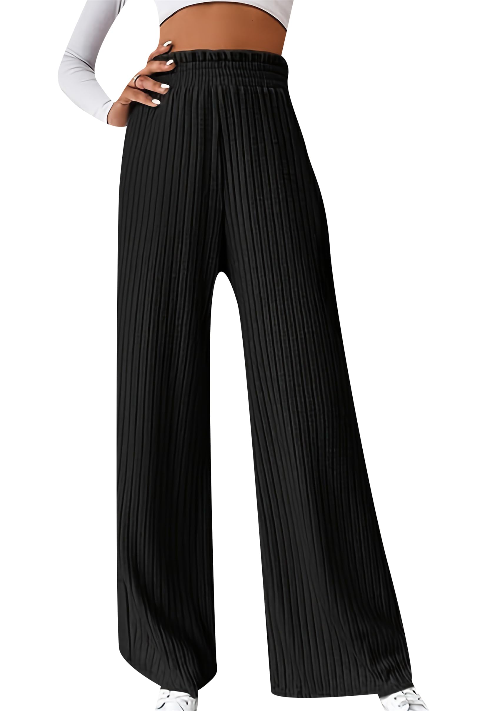 YMING Womens Casual Ribbed Knit Pants Elastic Waist Wide Leg Sweater Pants Solid Color Loose Trousers