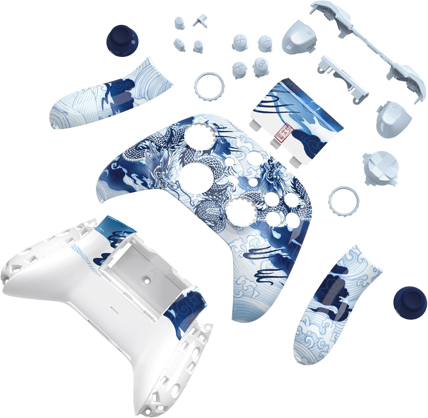 eXtremeRate Full Set Shell Buttons for Xbox Series X & S Controller, Porcelain Dragon Custom Replacement Side Rails Grips Front Back Plate Cover for Xbox Core Wireless Controller [Controller Excluded]