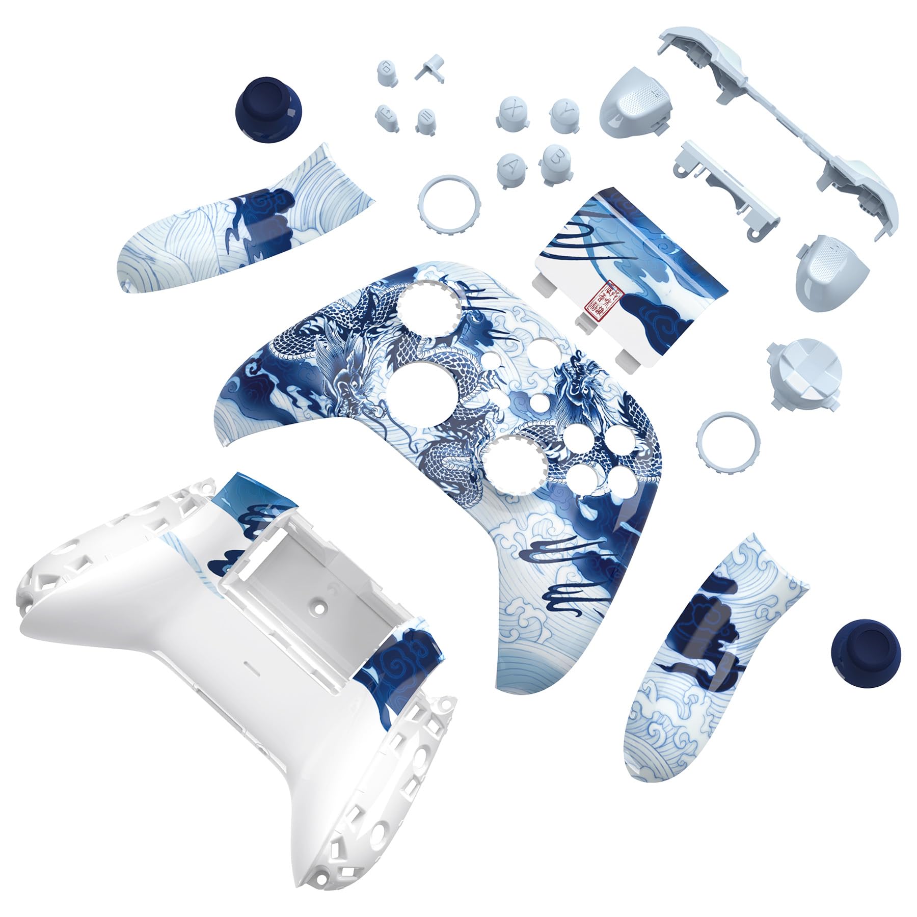eXtremeRate Full Case & Buttons für Xbox Series X&S Controller, DIY-Ersatz Gehäuse Skin Faceplate/Back Cover/D-Pad Trigger Tasten/Thumbsticks Ersatzteile Set für Xbox Core Controller-Porzellan Drache