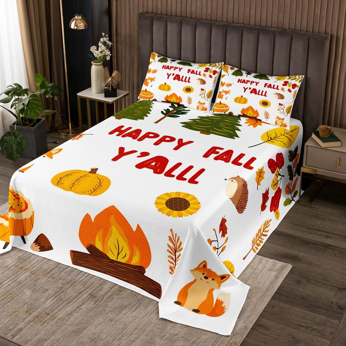 Erosebridal Happy Fall Bedspread Set Fox Animal Coverlet Set Harvest Decor Pumpkin Quilt Set for Toddlers,Autumn Plant Maple Leaves Quilted King,Farmhouse Pine Trees Sunflower Rustic Fall Decor