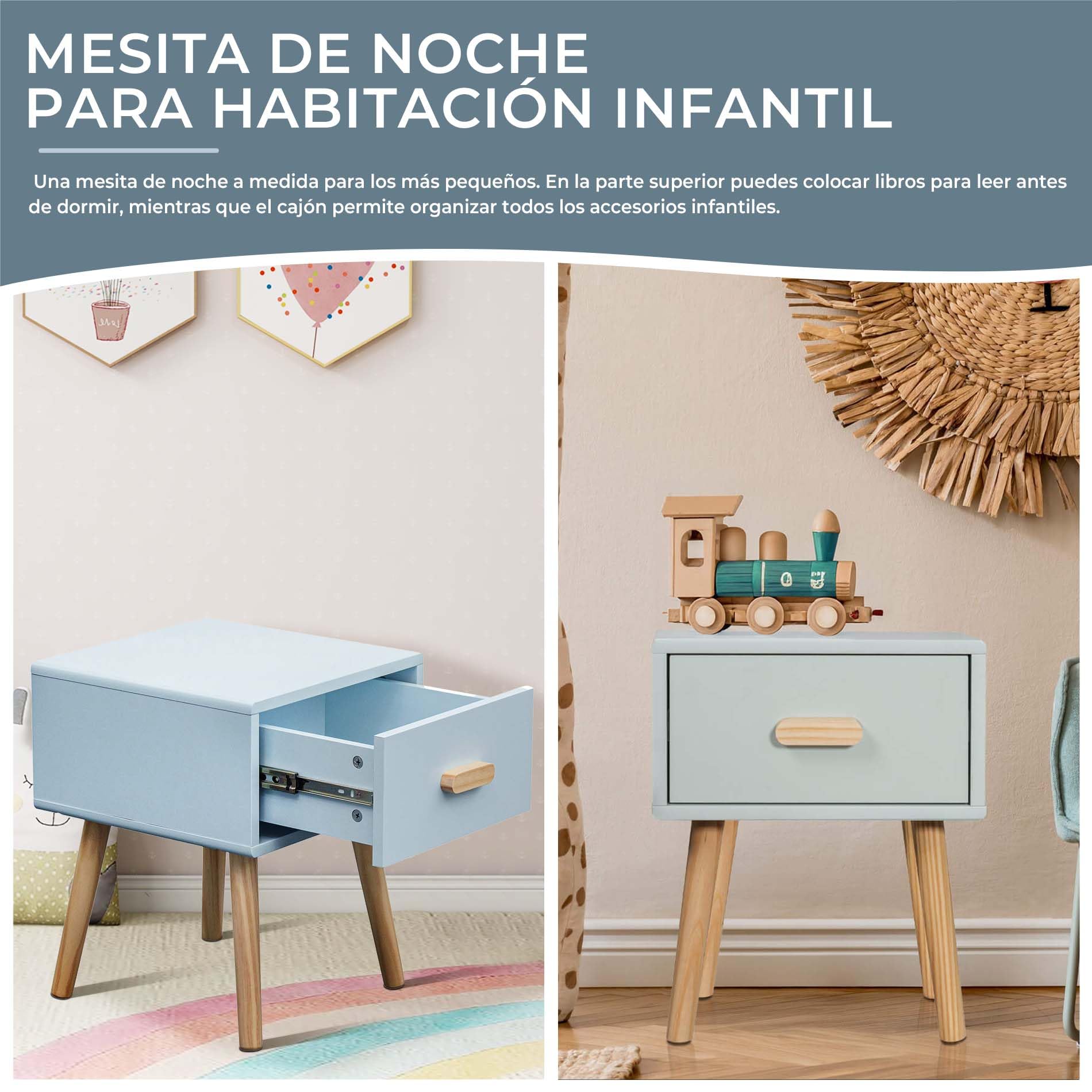 Rebecca Mobili Mesita de Noche para Habitación Infantil, Mesita con 1 Cajón, Celeste Marrón, MDF Pino, para Cama Montessori, Estilo Escandinavo - Dimensiones AxAnxFon: 44 x 35 x 35 cm - Art. RE7142