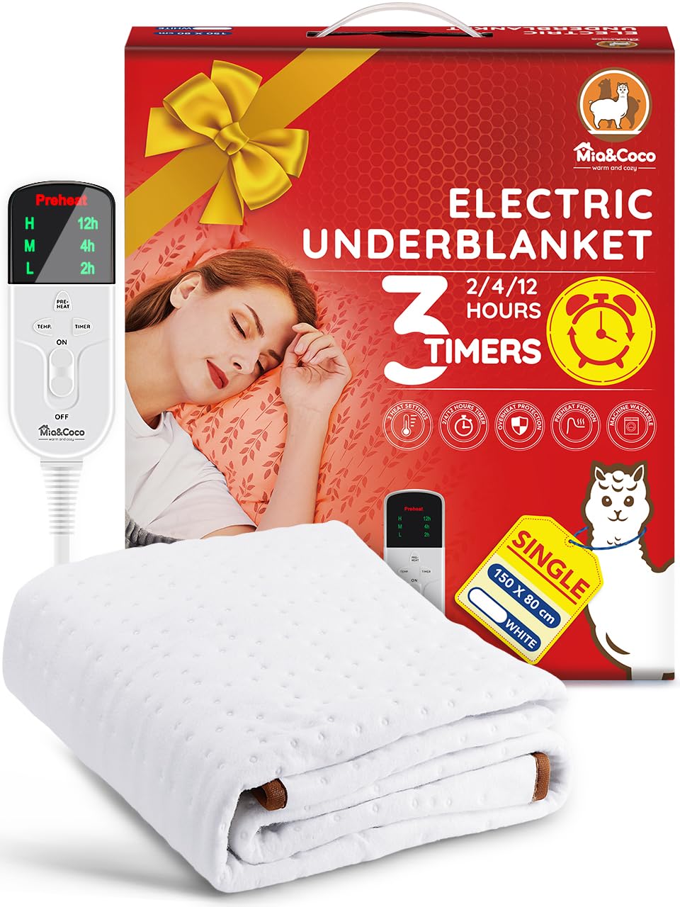 Mia&Coco Electric blanket with automatic switch-off, 150 x 80 cm, heat blanket with 12-hour timer and 3 heat settings, LED display, overheating Mia&Coco Electric blanket with automatic switch-off, 150 x 80 cm, heat blanket with 12-hour timer and 3 heat settings, LED display, overheating