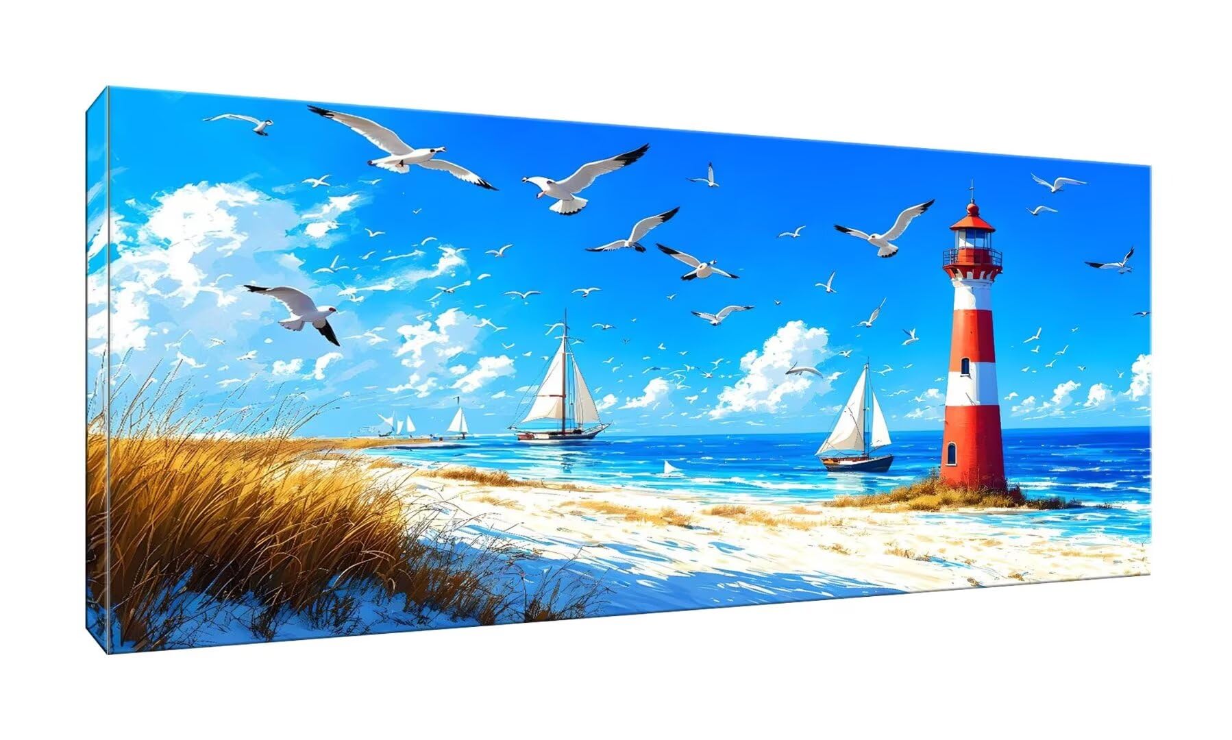 5D Diamond Painting Erwachsene Kinder, Diamond Painting Bilder Leuchtturm für Möwe Diamond Painting Zubehor, DIY Groß Full Drill Crystal Art Basteln, für Wohnzimmer/Schlafzimmer Wanddeko 70x140cm K131