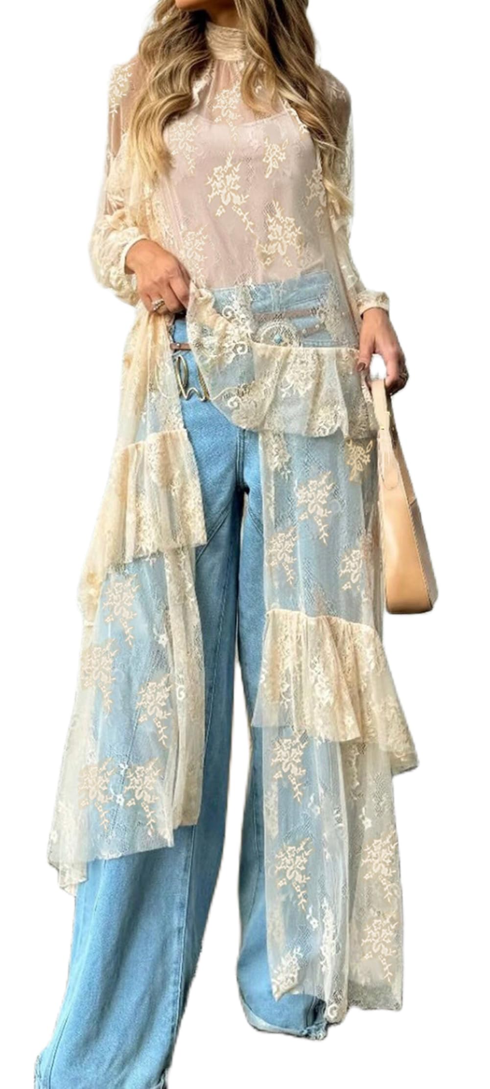 Women Sheer Long Sleeve Lace Duster Robe See Thru Mesh Short Front Long Back Casual Flowy Top Asymmetrical Coverup-image-5