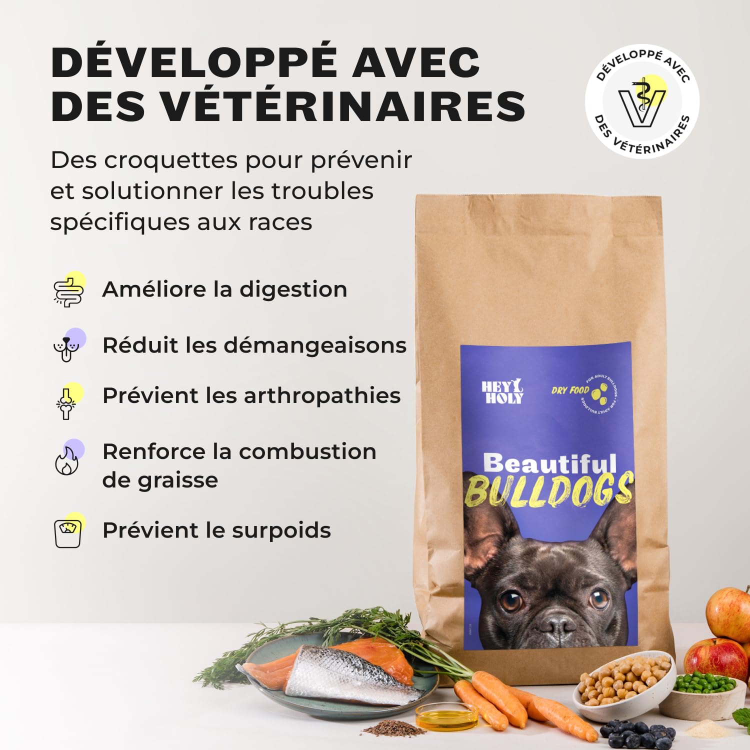 HEY HOLY Beautiful Bulldogs Croquettes Premium pour Bulldogues 100% sans céréales | Aliment hypoallergénique pour Bulldogues Adultes avec Saumon, 7kg | Très digestible, à Base d'ingrédients naturels