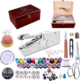 Máquina de costura portátil, com elegante caixa de costura de madeira e kit de costura de 153 peças, mini máquina de costura portátil sem fio, perfeita para adultos, iniciantes e reparos domésticos