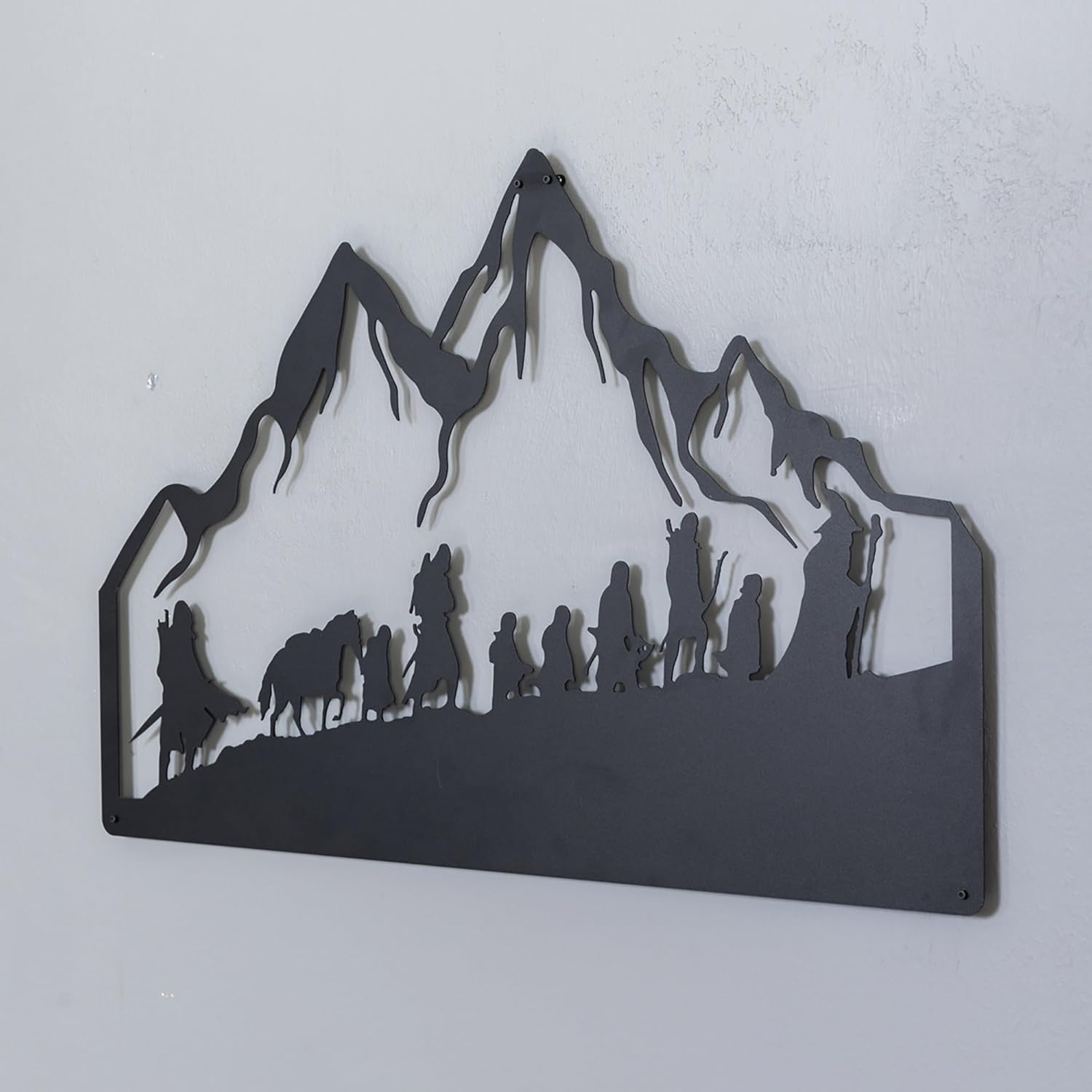 Lord of the Rings Handmade Metal Wall Art with LED Backlight – Fantasy Mountain Silhouette with Adventurers – Black Steel Wall Decor, LOTR Gift - Movie Room Art (20x11 Inch / 50x28cm)