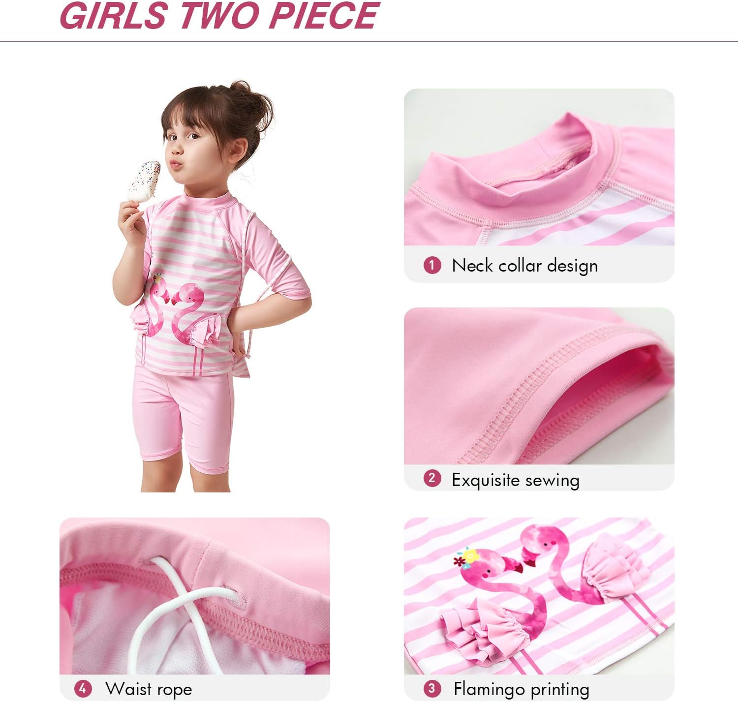Julysand Toddler Girls Rash Guard Sets 3D Flamingo Swimsuit Pink Striped Two Piece Modest Swimwear Sun Protection Suit - Image 3