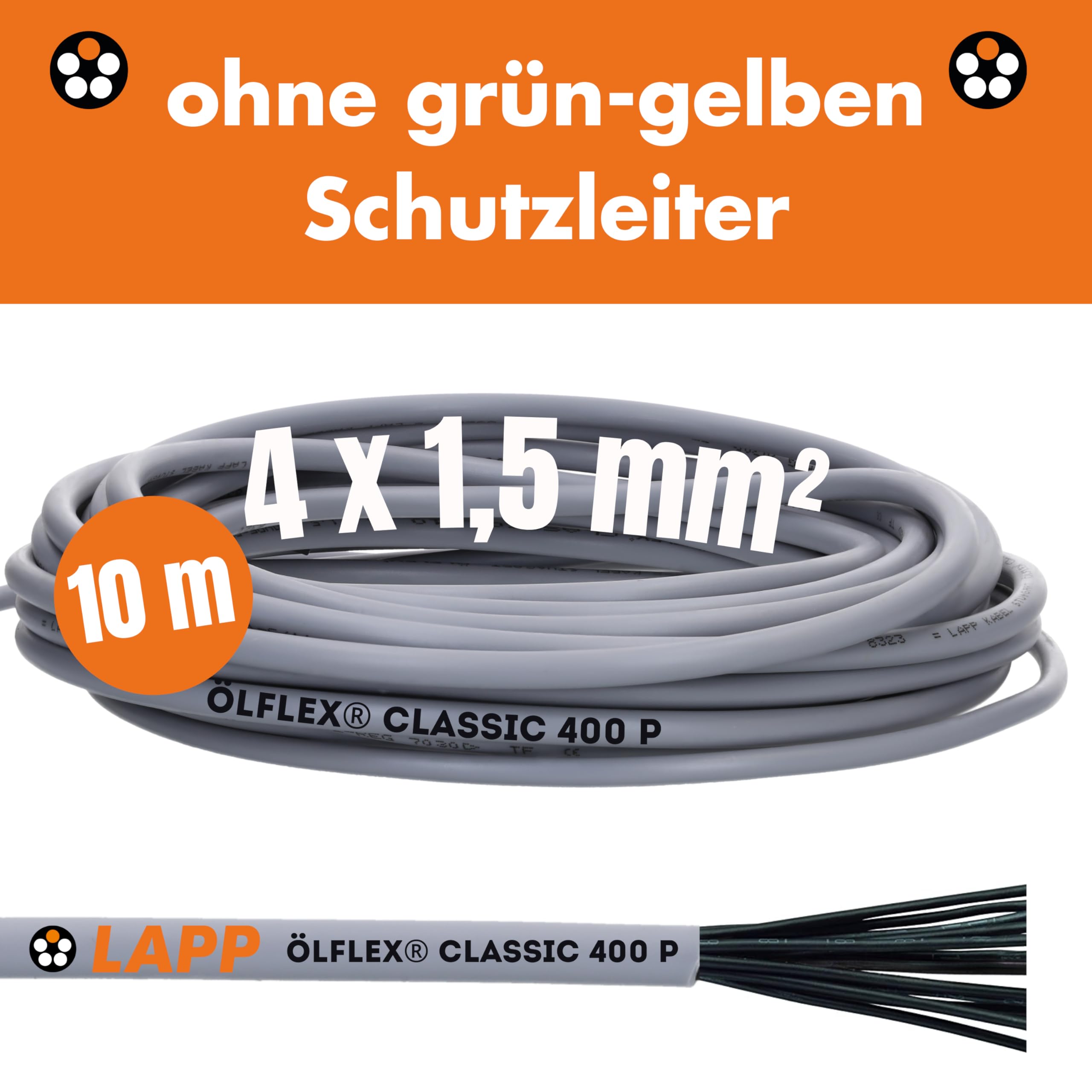 Lapp Ölflex Classic 400 P 4x1,5 mm² Cable de Control de PUR Gris, 10 m | Cable de conexión resistente a UV, aceite y abrasión, ideal para maquinaria industrial y técnica de control en seco o húmedo
