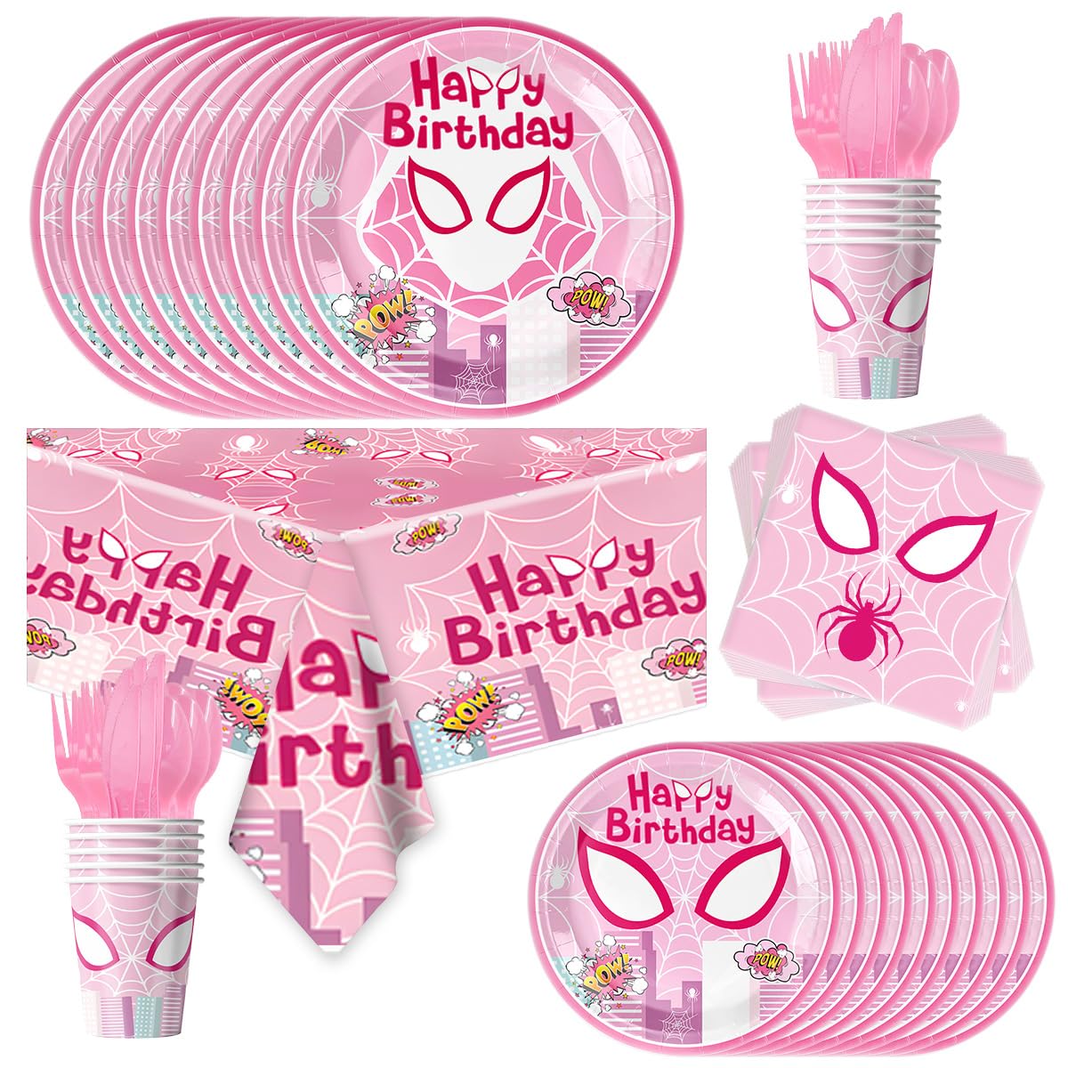 81 Pcs Pink Spider Party Tableware Set Girl Spider Birthday Party Supplies,Paper Plates,Napkins,Cup,knives,Spoons and Forks