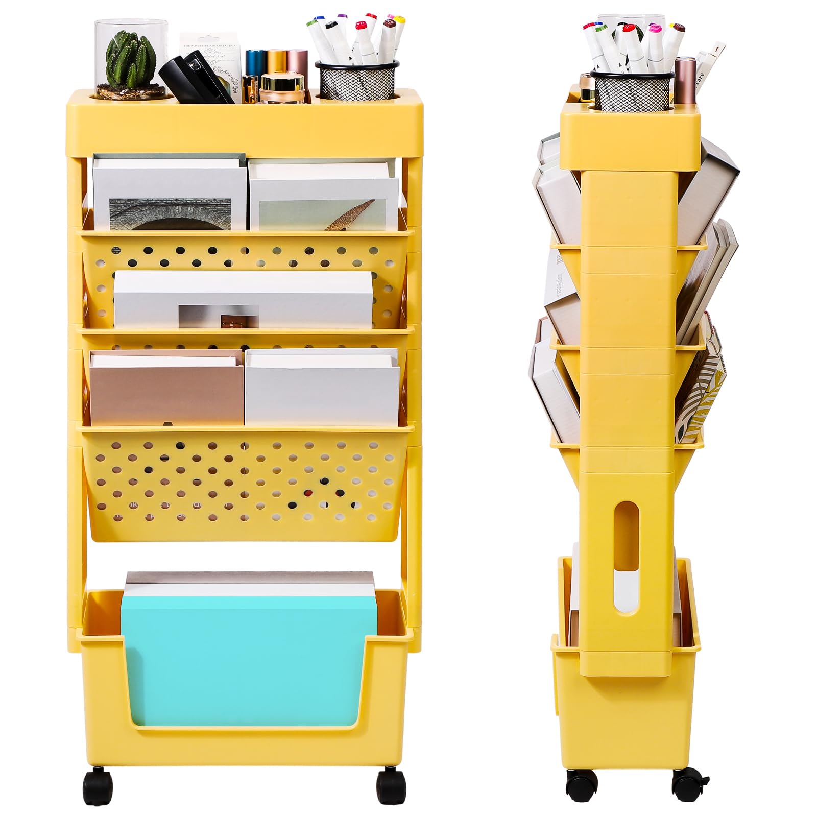 Photo 1 of Yellow Mobile Bookshelf Cart, Movable Rolling Bookcase with 5 Tier, Plastic Book Rack Files Storage Utility Organizer with Wheels for Classroom School Students, Home Living Room Bedroom, Office