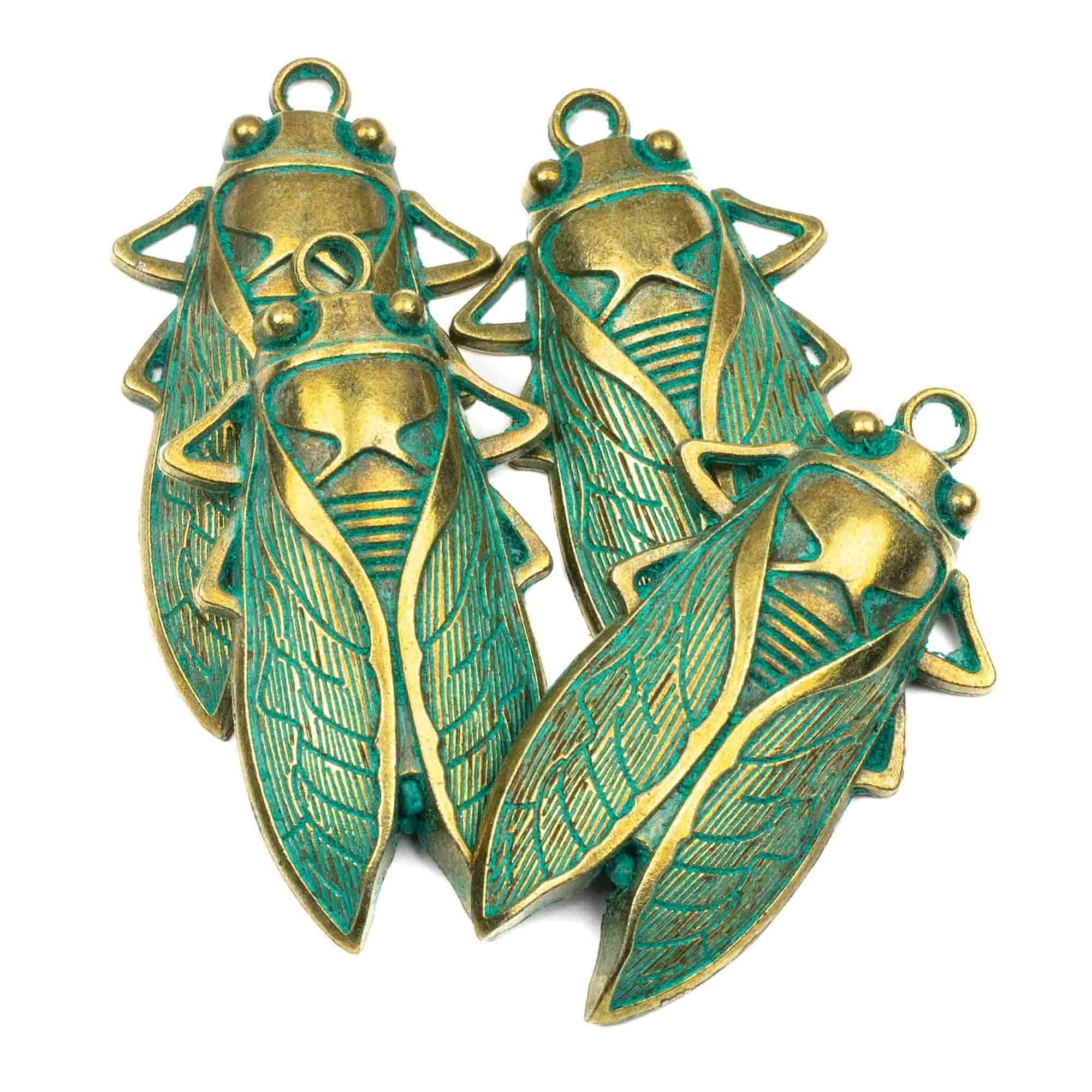 Cherry Blossom Beads Cicada Bug Pendant - 33x61mmmm Green Bronze Patina - 4 per Bag