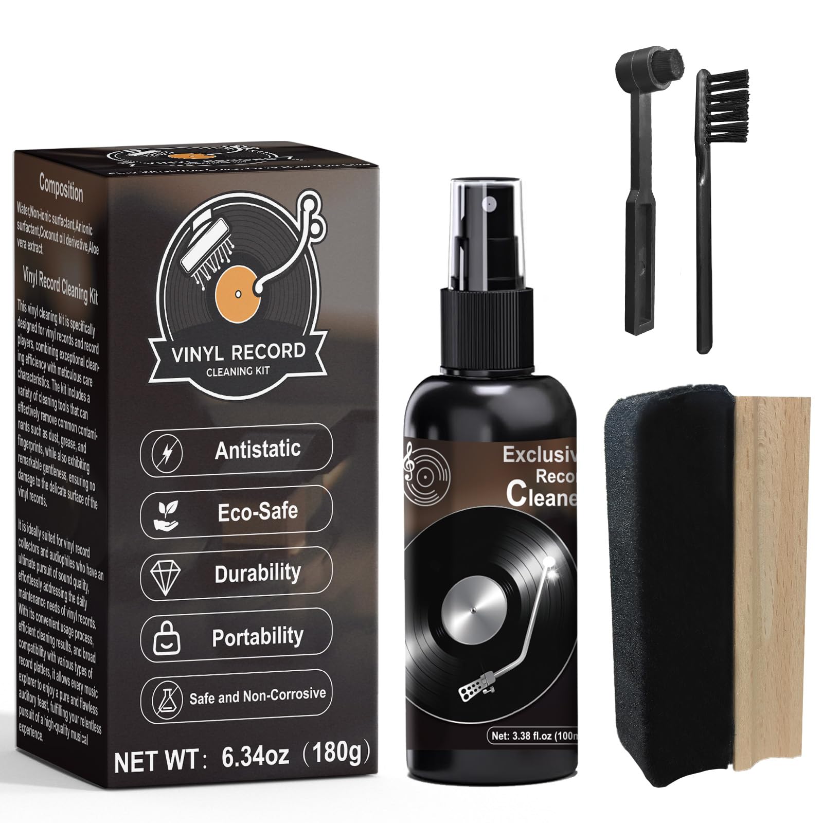 Kit de nettoyage de disques vinyles - Accessoires pour tourne-disque vinyle - Comprend une brosse en velours doux, une solution de nettoyage, une brosse à stylet et une brosse pour velours