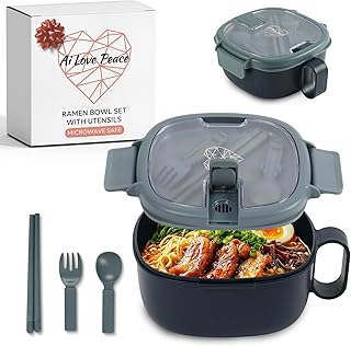 AI LOVE PEACE Microwavable Ramen Bowl with Lid - Leakproof Noodle Container with Built-In Utensils, BPA-Free, Dishwasher & Freezer Safe [Navy]