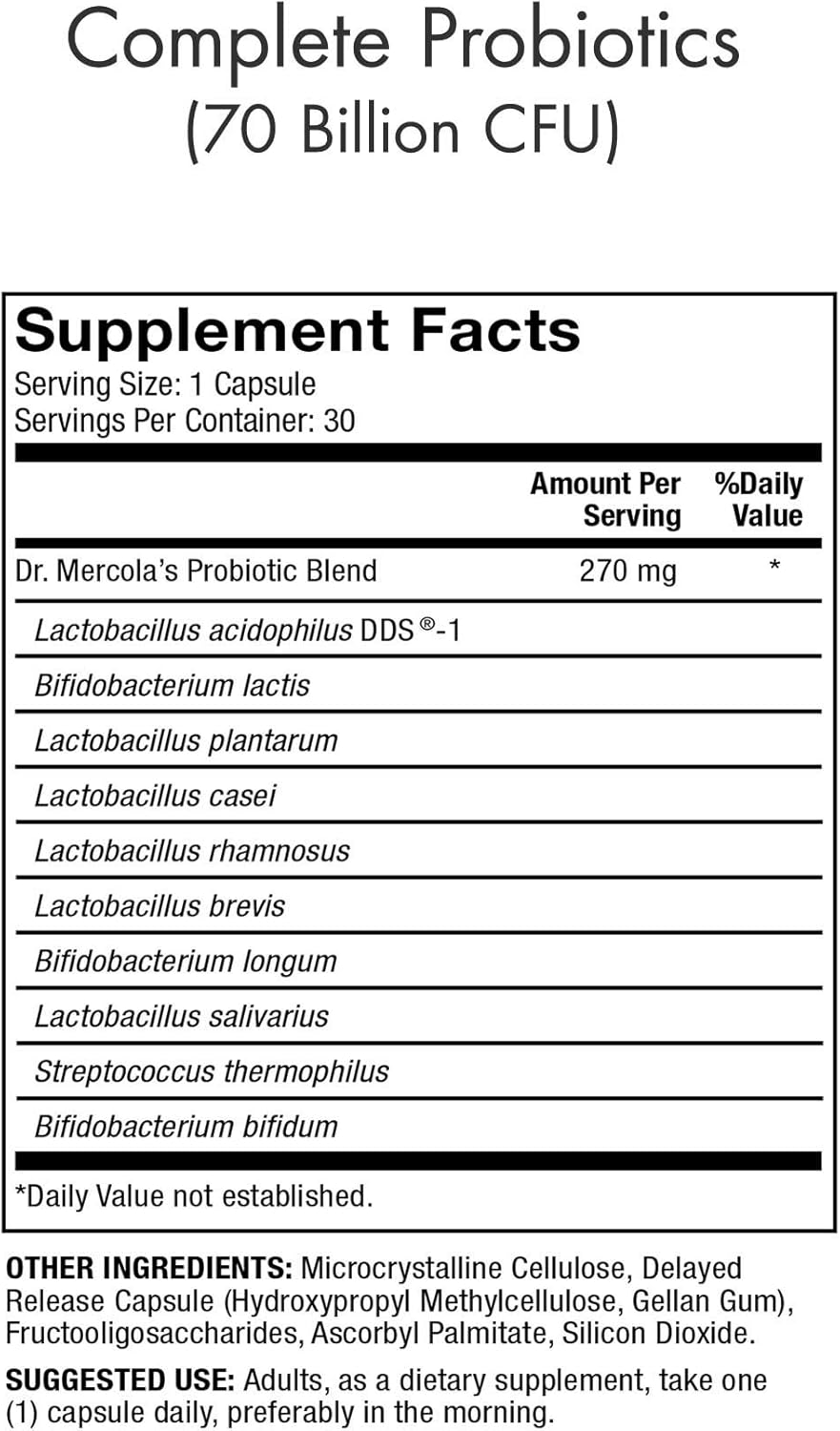 Dr. Mercola Complete Probiotics (70 Billion CFU) Dietary Supplement, 30 Servings (30 Capsules), Supports Digestive Health, Non GMO, Soy Free, Gluten Free : Dietary Fiber Nutritional Supplements : Health & Household