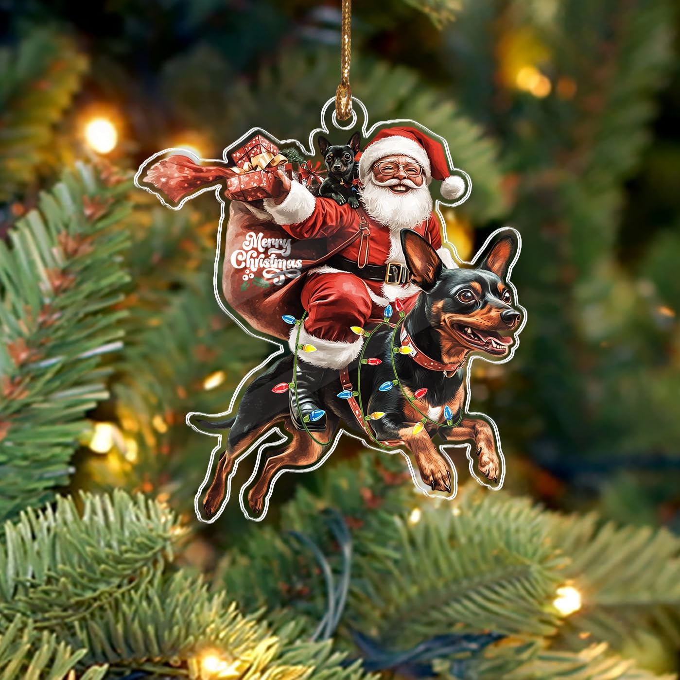 Funny Miniature Pinscher Santa Christmas Ornament 2025 – 2D Flat Acrylic Santa and Dog Car Hanging Ornament Decoration –Hilarious for Dog Lovers – Unique Pinscher Xmas Decor 3.5''
