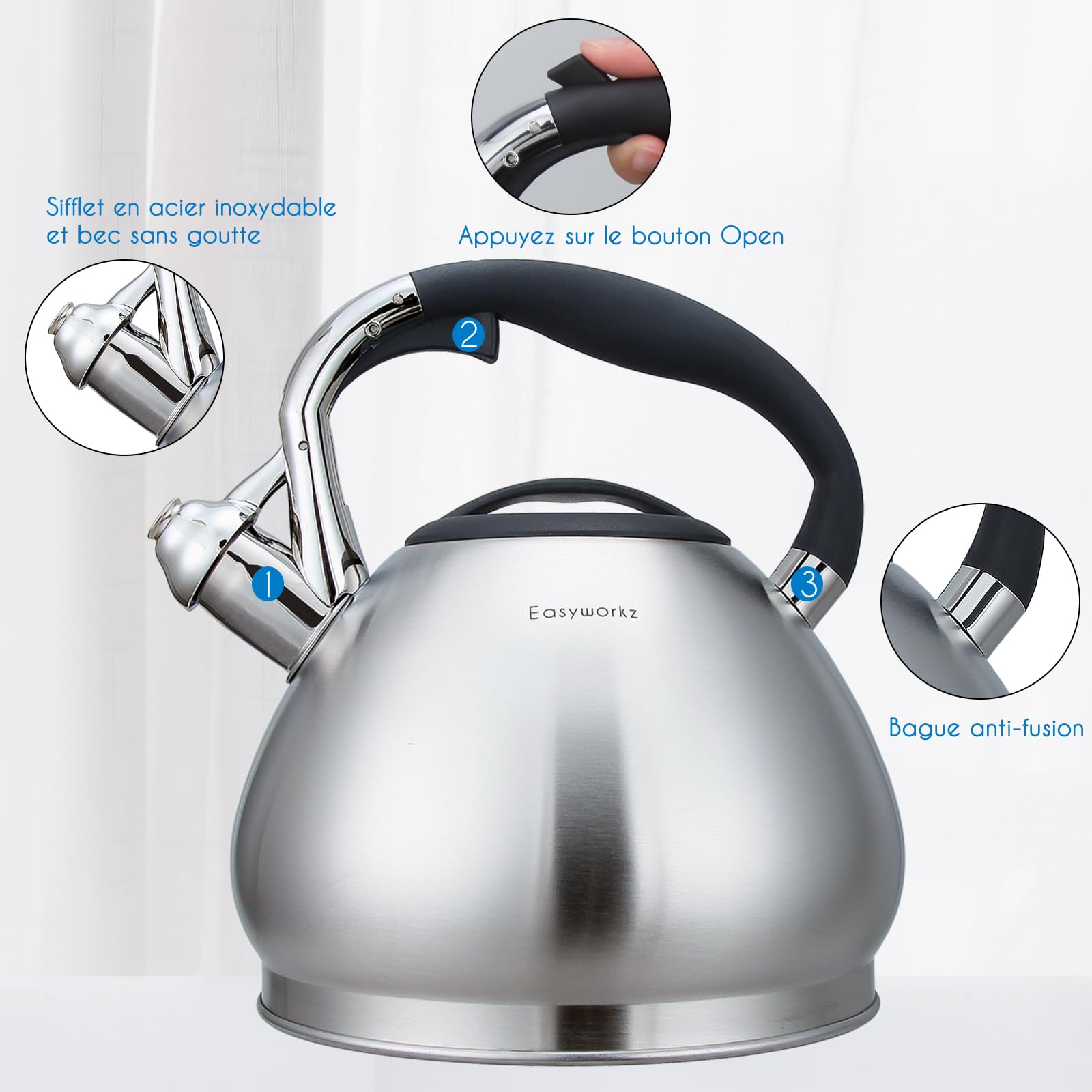 Easyworkz Bouilloire sifflante en acier inoxydable de qualité alimentaire avec sifflet puissant, 3,0l, argenté