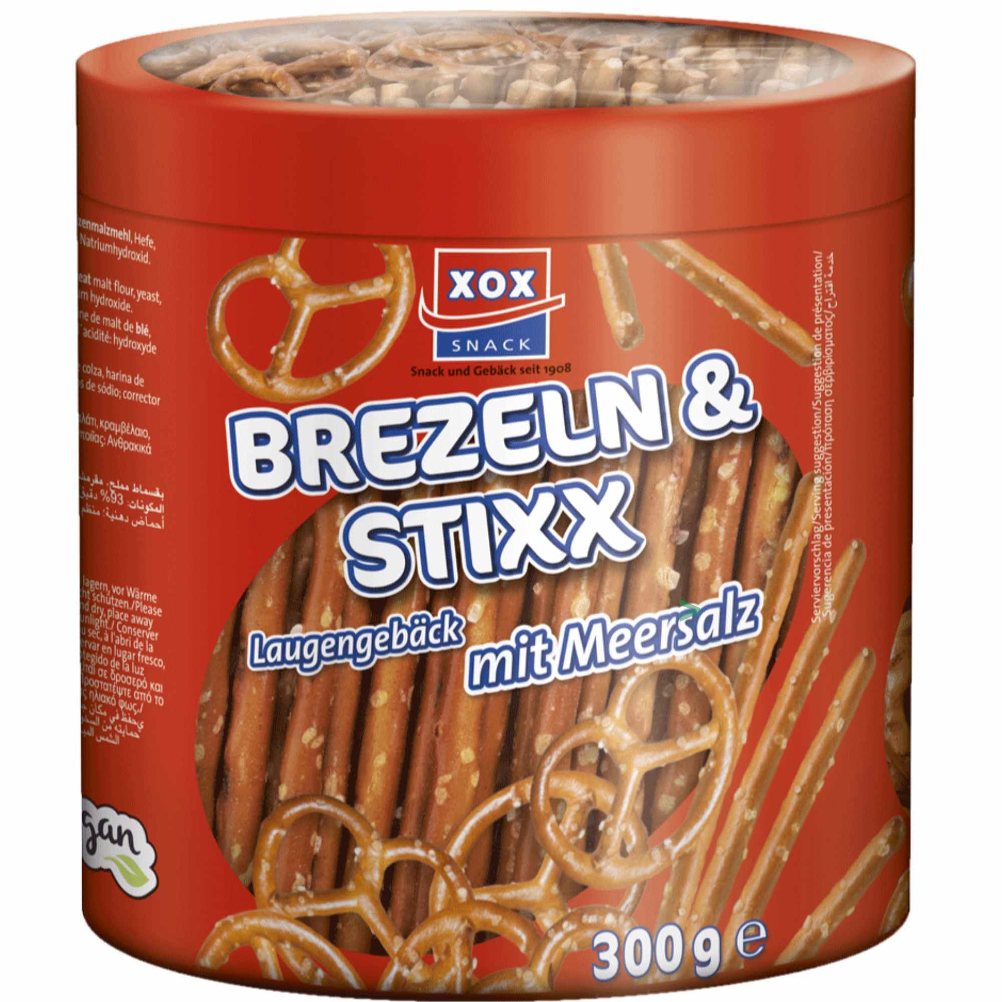 XOX Salzstangen Brezeldose Laugengebäck mit Meersalz 6er Pack (6x300g Dose) + usy Block