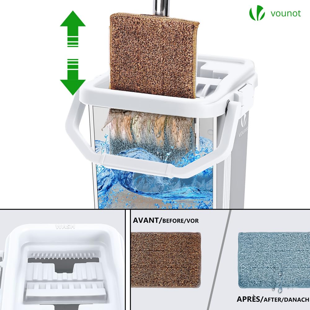 VOUNOT® Juego de Fregona y Cubo Escurridor 2 Compartimentos, Mopa Plana Microfibra con 6 Almohadillas Reutilizables, Trapeador Giratorio 360° Limpieza Suelos Madera, Laminado, Baldosas y Mármol, Gris