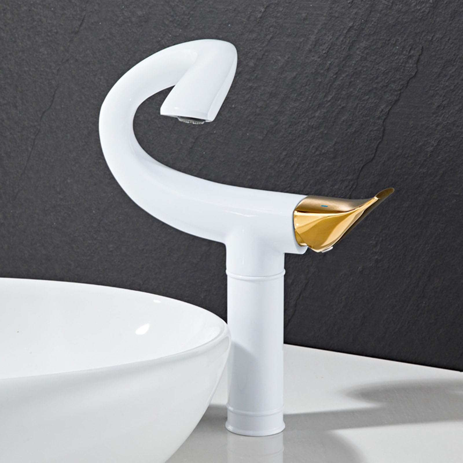 Grifo Monomando Moderno para Lavabo, Mezclador de baño, latón, Agua fría y Caliente, Blanco + Dorado