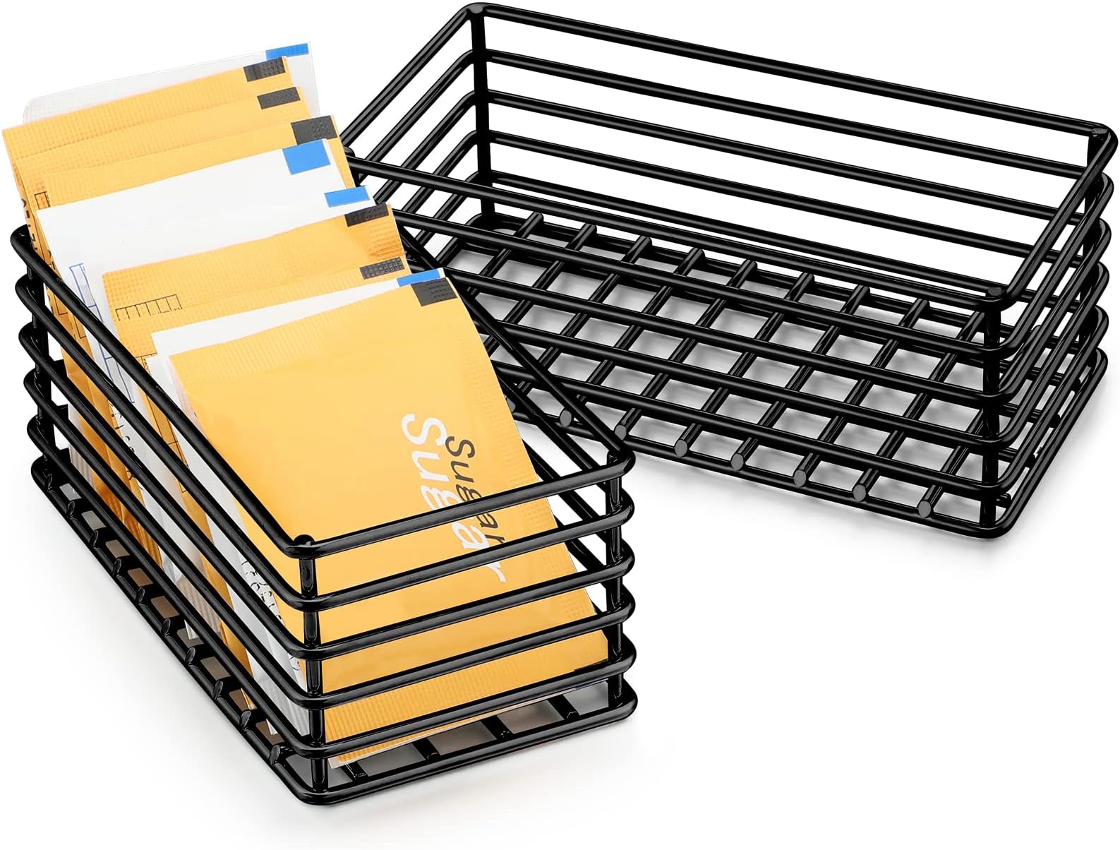 Oudain 2 Pcs Sugar Packet Basket Sugar Packet Rack Sugar Packet Holder Small Sugar Caddy Iron Sugar Packet Organizer for Coffee Bar Tea Storage, 4.5" x 2.25" x 1.75" (Black)