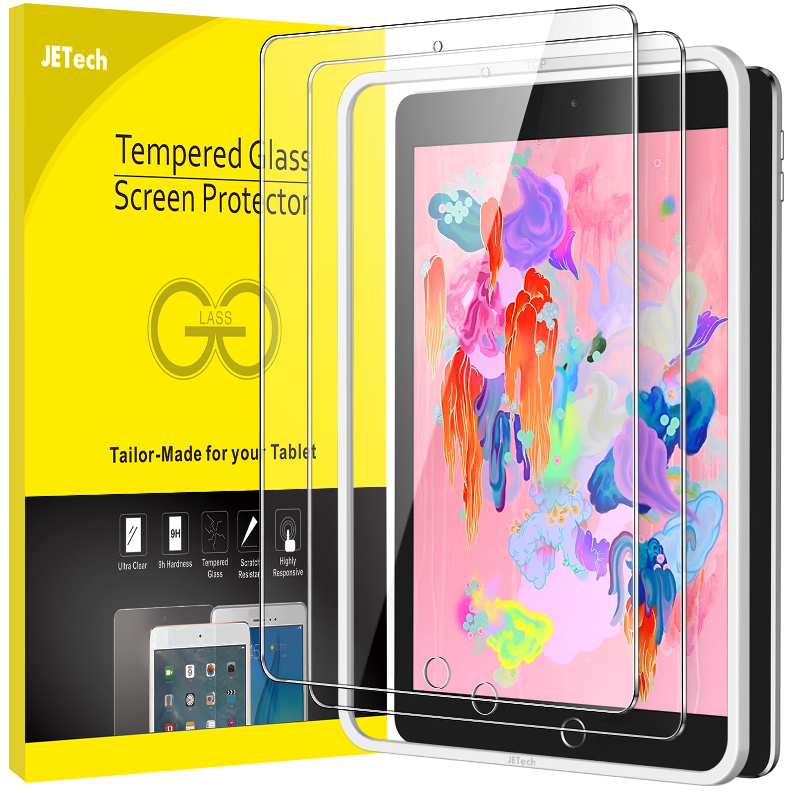 JETech Screen Protector for iPad (9.7-Inch, 2018/2017 Model, 6th/5th Generation), iPad Air 2/1, iPad Pro 9.7-Inch with Easy Installation Frame, Tempered Glass Film, HD Clear, 2-Pack