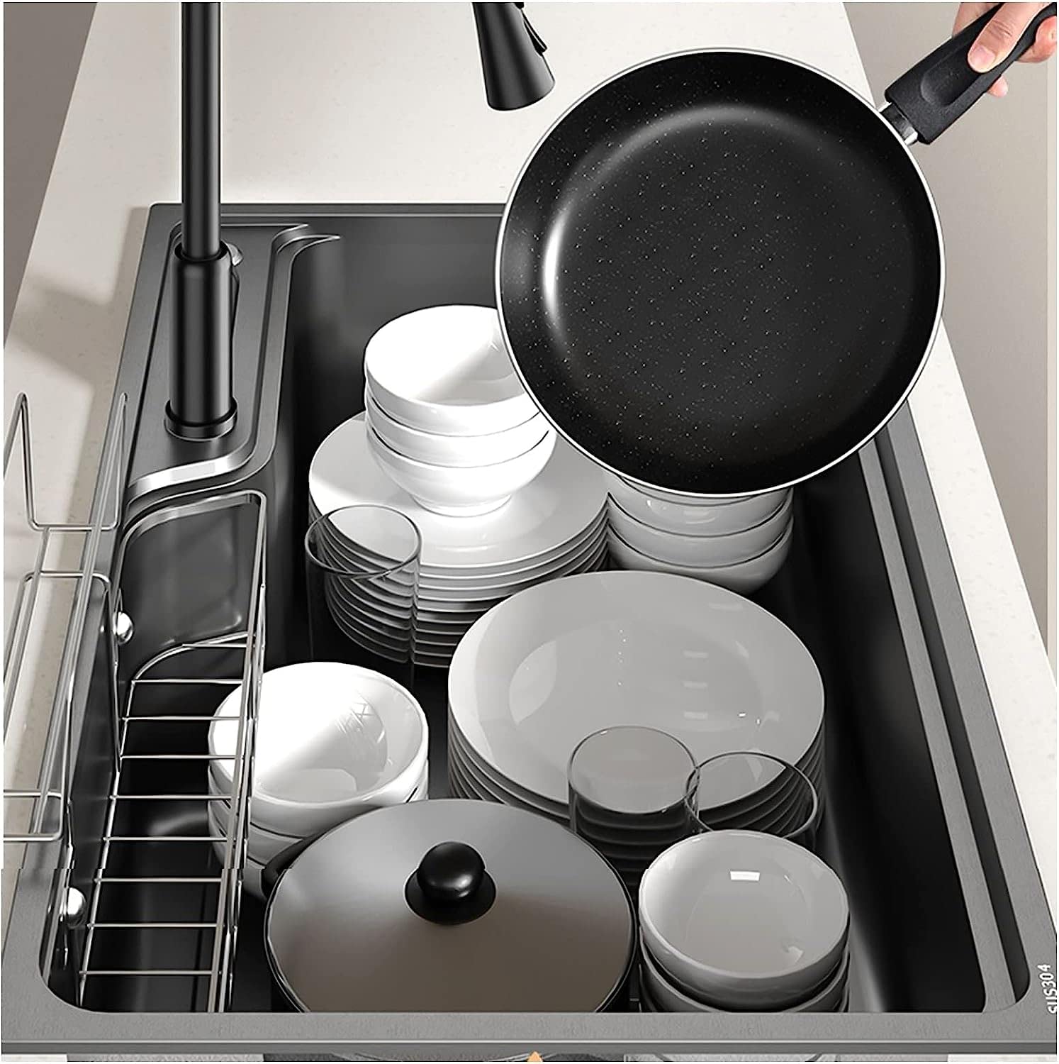 Fregadero de Barra de Cocina Negro Grande con Grifo extraíble, escurridor y Kits de instalación, Fregadero de Cocina de un Solo tazón de Acero Inoxidable 304 Grueso con nanorrevestimiento (t