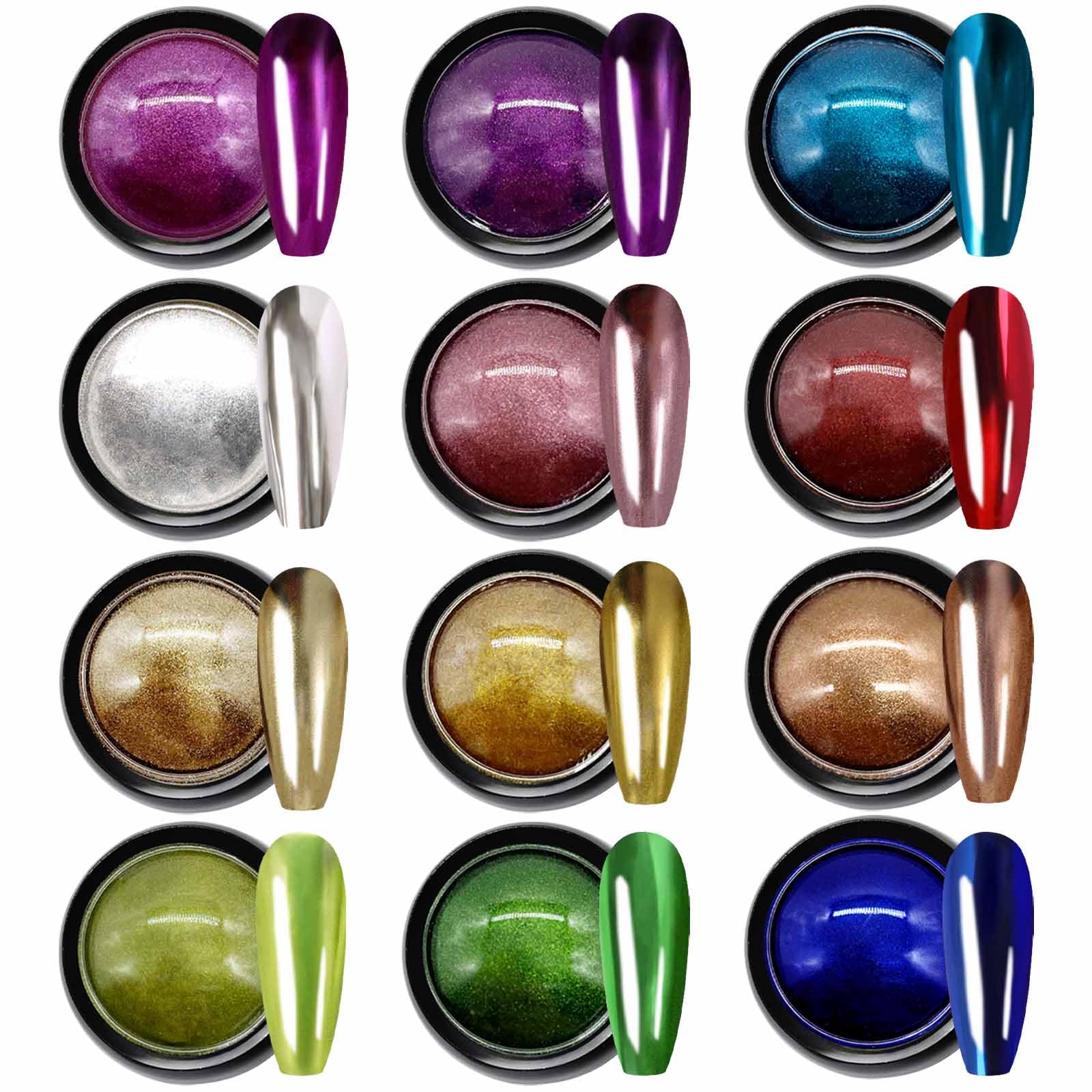 Polvere Glitter Cromata, 12Pcs Pigmenti Cromati per Nail Art, Effetto Specchio Metallico Set di Polvere Cromata per Unghie