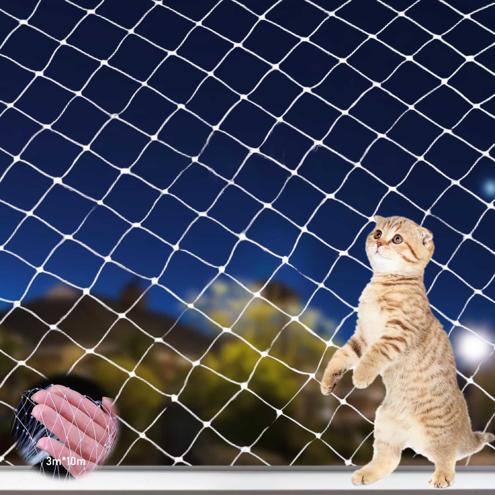 Red para gatos para balcón, 3 x 10 m, red de protección para gatos, balcón, 2,5 x 2,5 cm, tamaño de malla, red para gatos, balcón, sin agujeros, red para gatos, ventanas, ventanas, terrazas