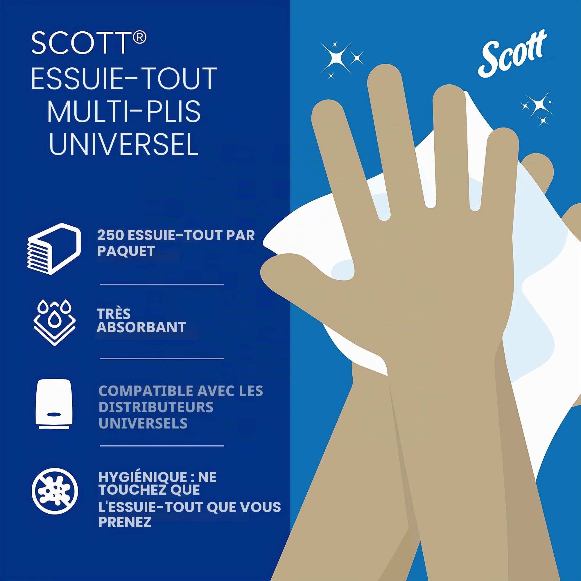 Scott Essential Essuie-mains 3749, Essuie-mains en papier pliés en V, Blanc, Haute Absorption, Doux, Résistants, Écoresponsables, 16 Clips x 250 Feuilles (4000 Feuilles au Total)