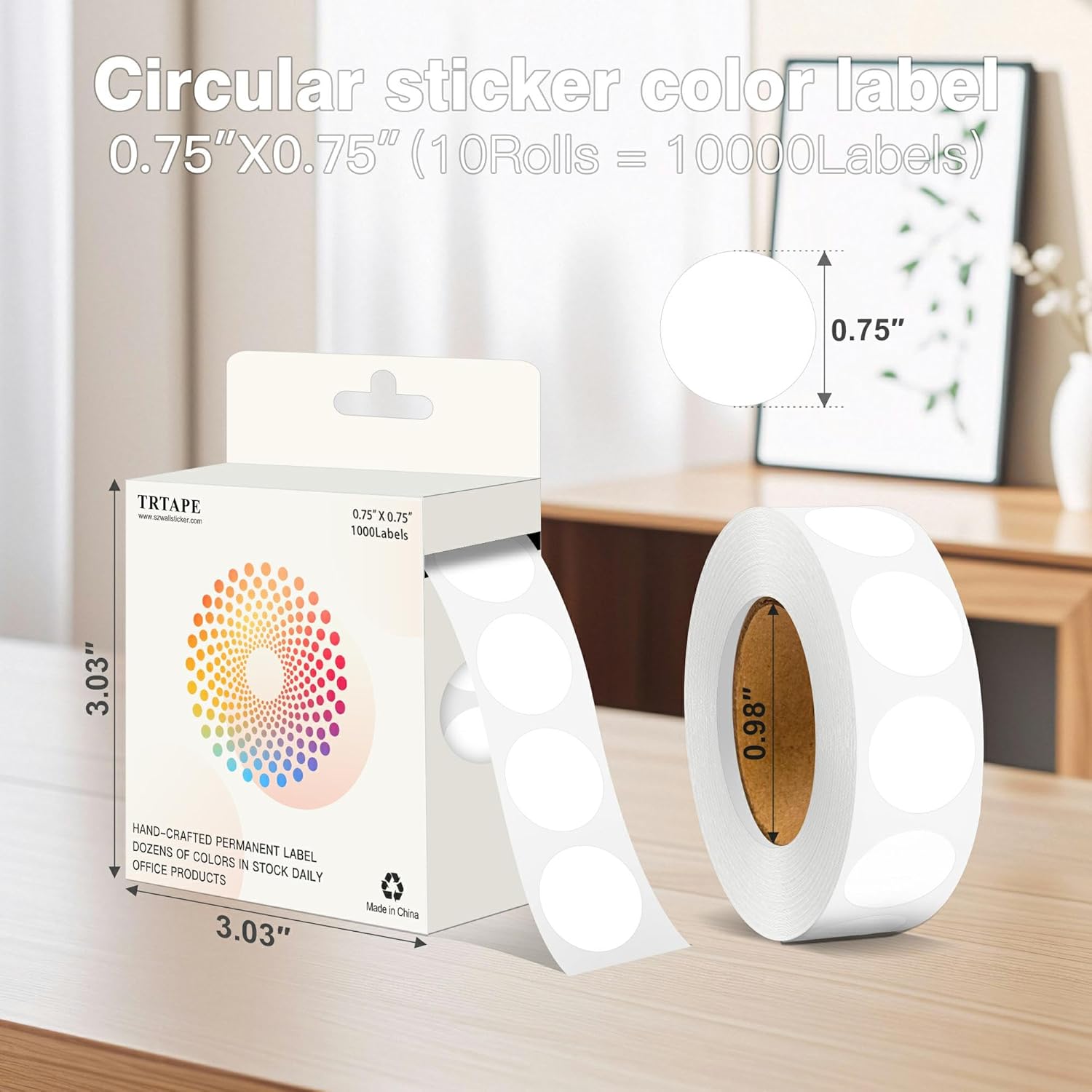 3/4 Inch Round Color Coding Labels - 10 Rolls, 10000 Dots - Permanent Adhesive, Easy to Peel, Vibrant Colors, Round Color Dot Labels for Organizing (White)