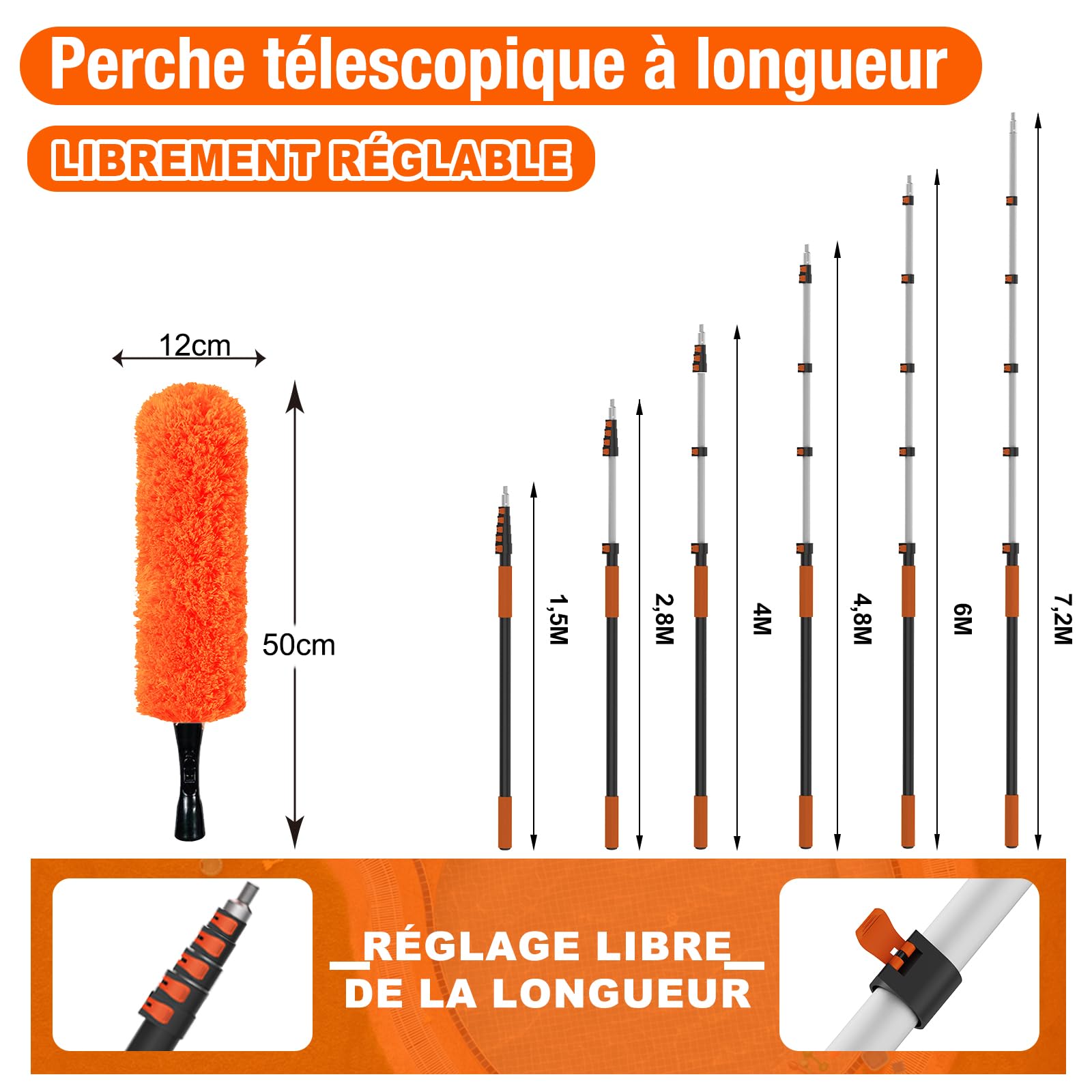 SISUPASSIE 7,2m Plumeau Poussiere Telescopique avec Perche Télescopique, Plumeau Microfibre, 2-en-1 Raclette Vitre Professionnel, Utilisation intérieure et extérieure