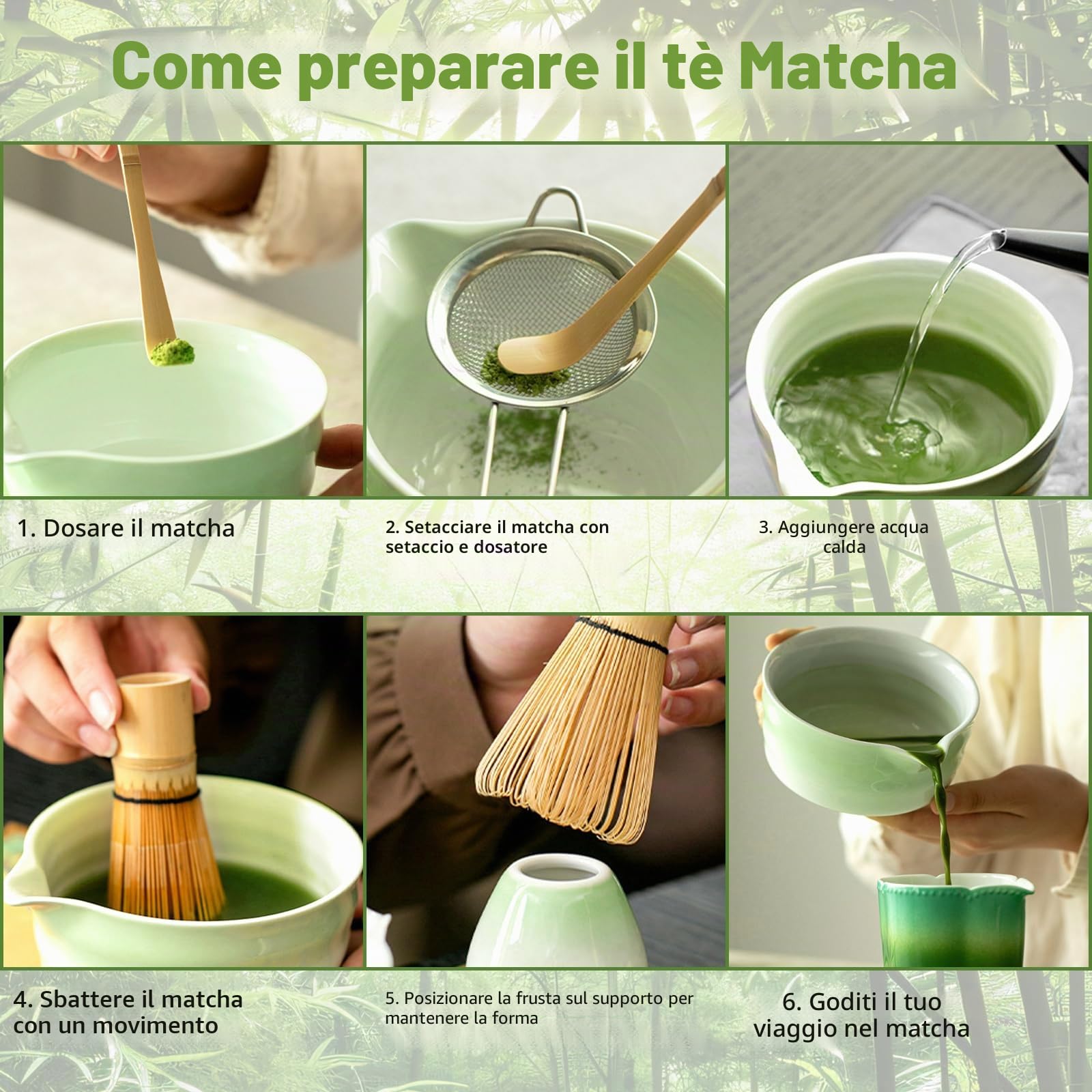 Matcha Kit - Set Di 8 Pezzi, Matcha Tea Kit Con Matcha Bowl(Beccuccio), MatchaWhisk, Supporto Chasen, MatchaCucchiaino, Setaccio ecc, Japanese Tea Set - per Cerimonia del Tè (verde)