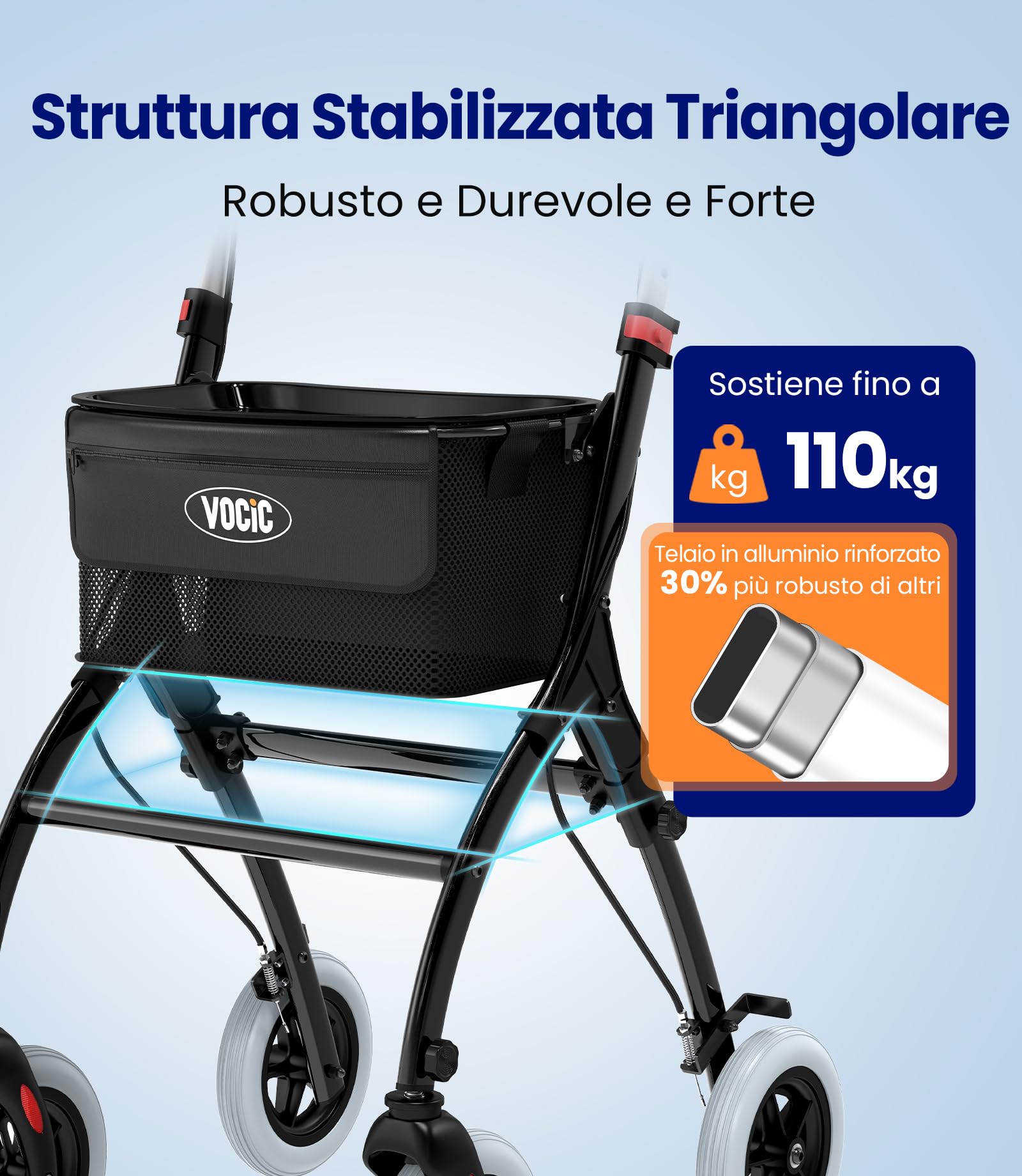 VOCIC Z32 Deambulatore sottile per casa, deambulatore interno pieghevole e leggero, stabile rollator con spuer pneumatici antiscivolo silenziosi, deambulatori per anziani pieghevole vassoio, nero