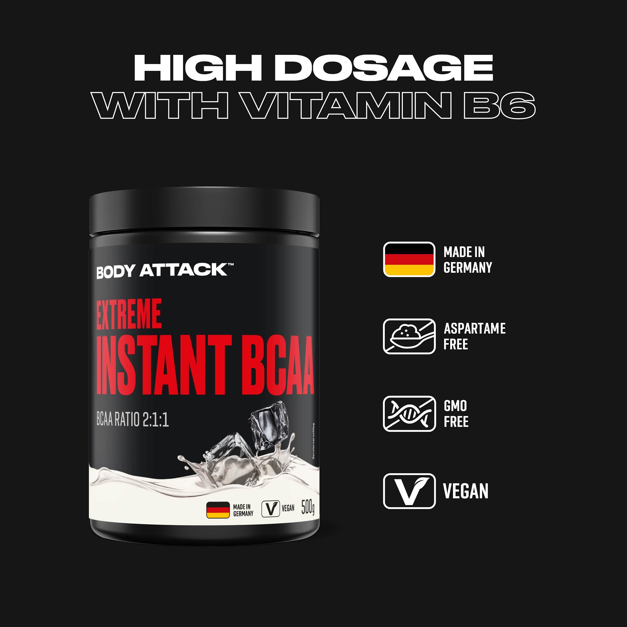 Body attack Extreme Instant BCAA - 500 g - Orange - Made in Germany - Gut lösliches, veganes BCAA Pulver im Verhältnis 2:1:1 - Zuckerfreie Aminosäuren für intensives Training - Mit L-Leucin