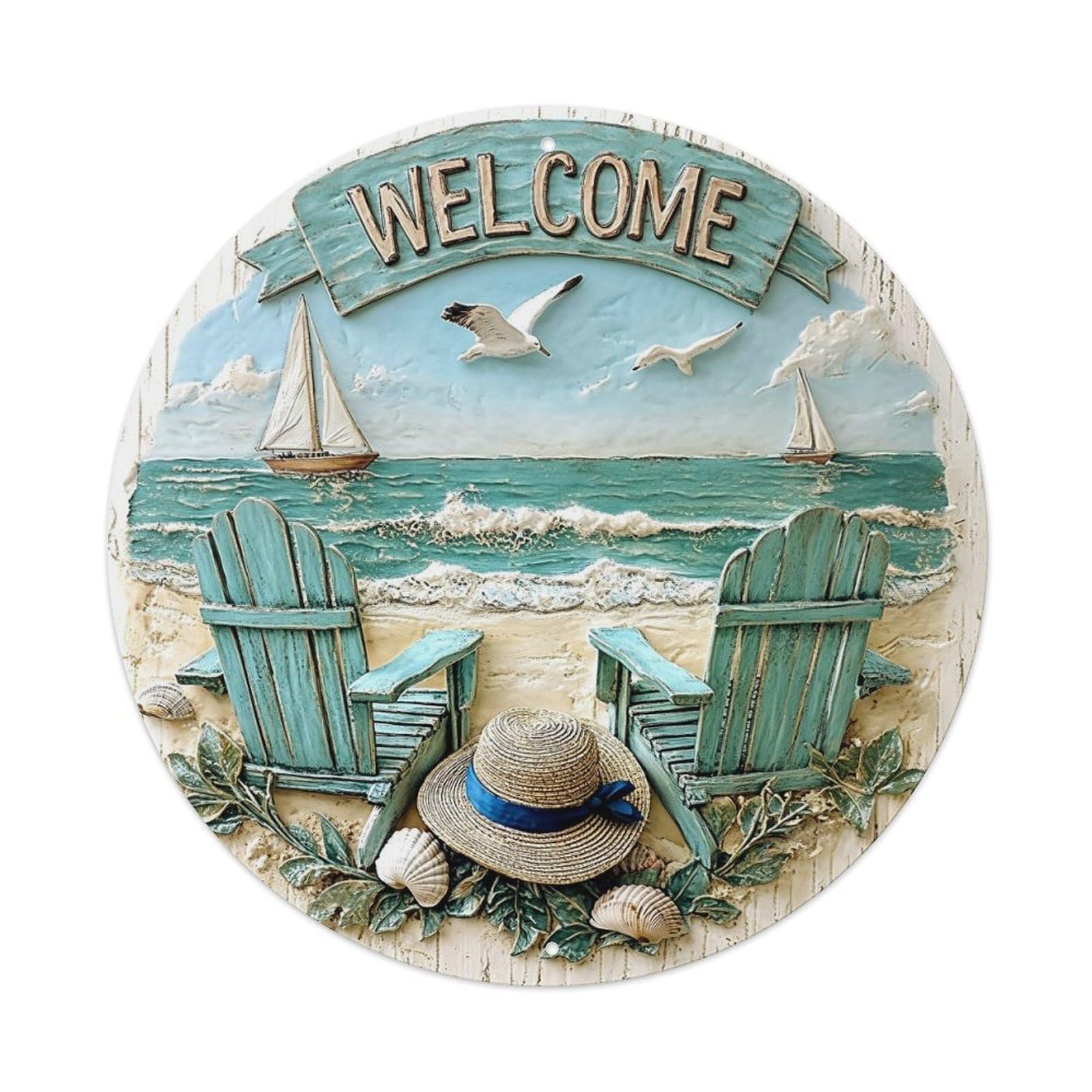Welcome Beach Scene With Chairs And Sailboats Round Metal Tin Sign Vintage Wall Decor, Bar Garage Cafe Kitchen Home Wall Art Poster 8x8inches