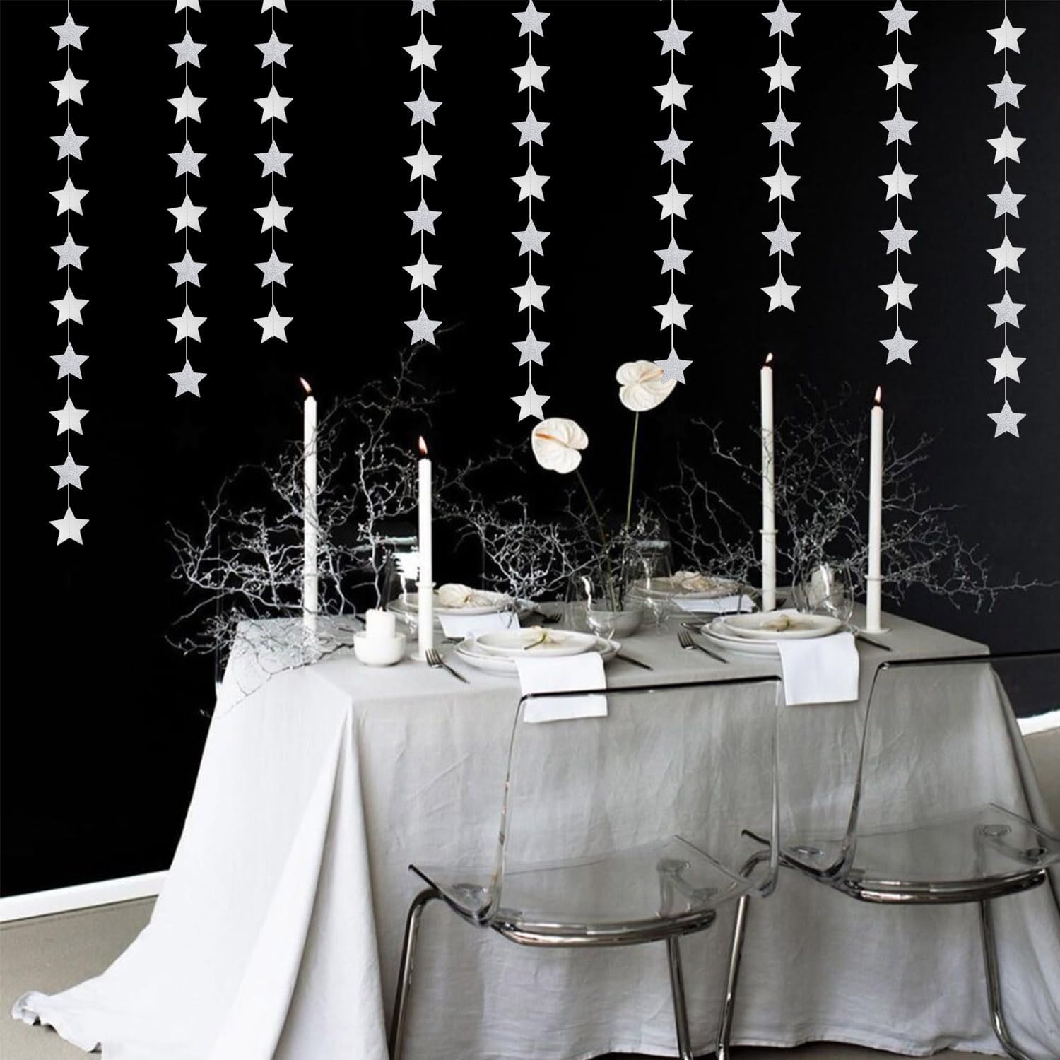 Disco Silver Party Decorations Garland-Hanging Birthday Paper Star Streamer Banner,Bachelorette Engagement Bridal Shower Wedding Christmas New Years Graduation 52FT Supplies Joylune