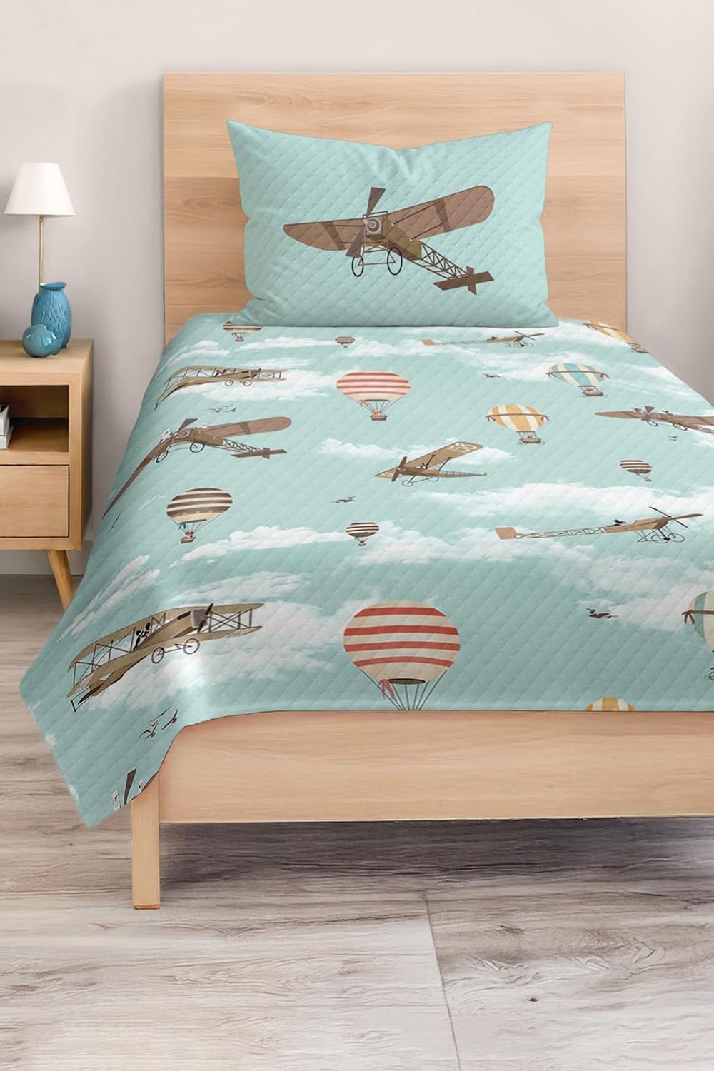 SODEF Quilt Set Twin Size Colorful Airplane and Balloon Design, Soft Cotton Polyester Blend, Fade Resistant, 2 Piece Set for Kids and Teens - Multicolor, One Size