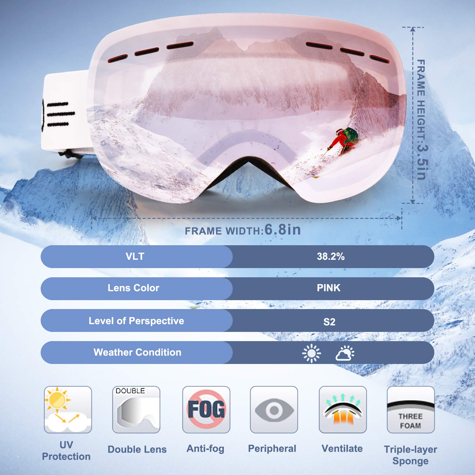 FONHCOO Occhiali da sci per uomo donna, anti-appannamento OTG occhiali da snowboard con lenti staccabili, rosa
