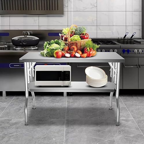 Miniatura 2 de DOUKI Mesa de preparación comercial plegable de 48 x 30 pulgadas, mesa plegable de acero inoxidable con doble estante, mesa de trabajo de cocina con