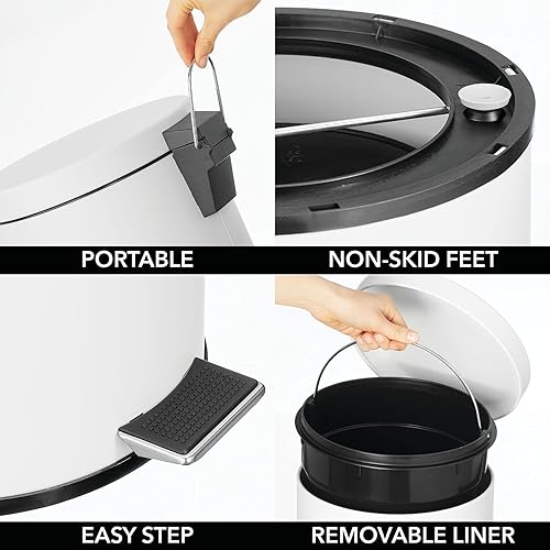 Miniatura 5 de mDesign Cubo de basura redondo de metal de 3.2 galones12 litros, contenedor de basura para baño, tocador, dormitorio, cocina, sala de manualidades,