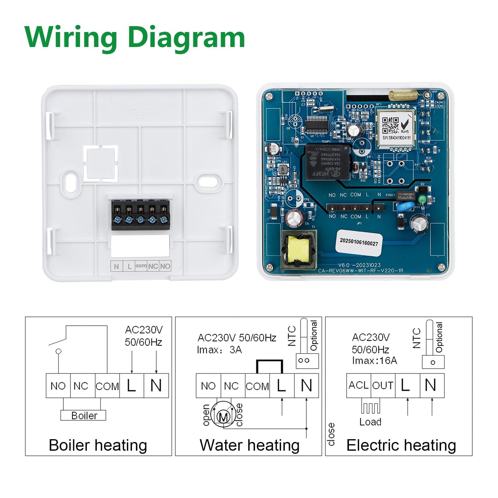 Wengart Termostato Inalámbrico RF WG010RF para Caldera de Gas y Suelo Radiante, Sin Cables, Programable, Pantalla con Pilas o USB, Receptor de Contacto Seco (Sin Voltaje), Blanco