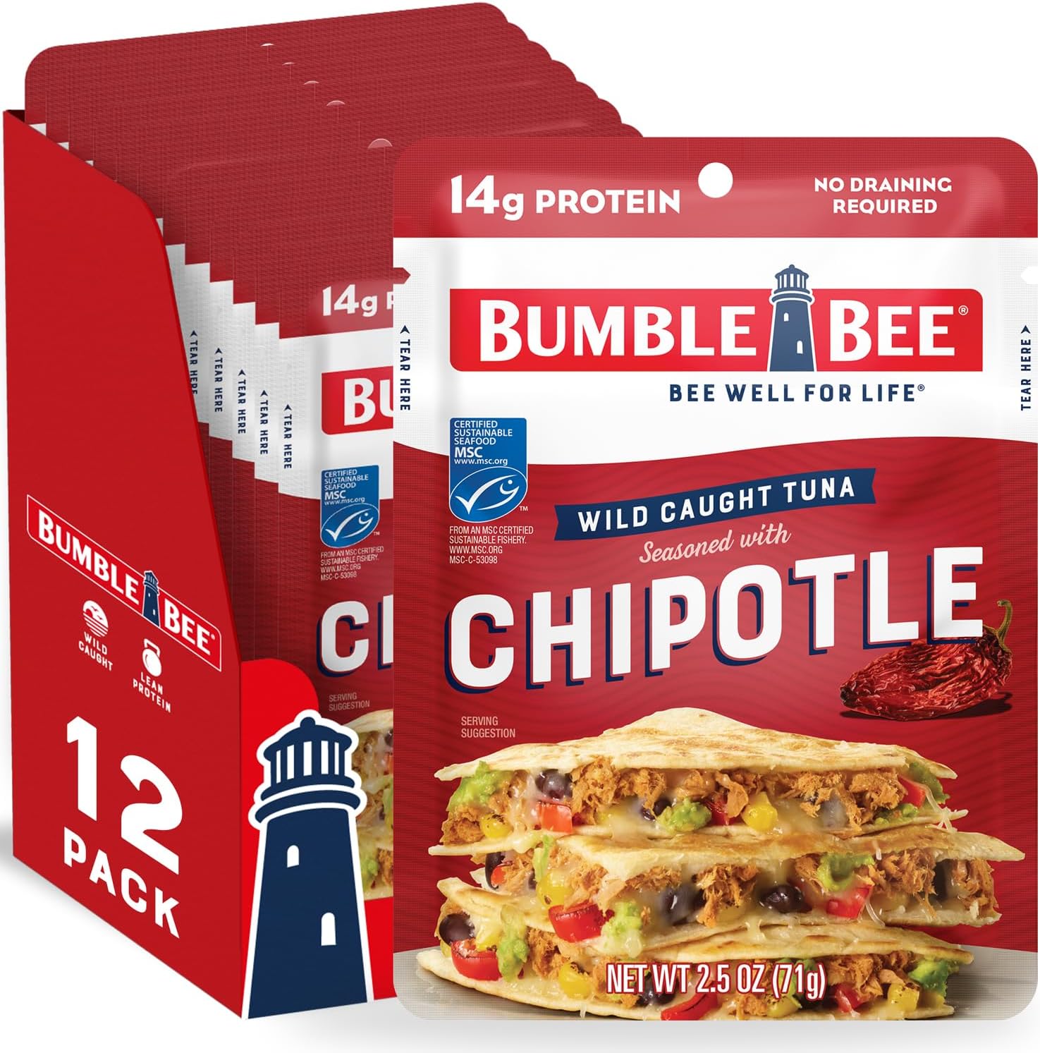 Chipotle Seasoned Tuna, 2.5 oz Pouches (Pack of 12) - Ready to Eat - Wild Caught Tuna Packet - 14g Protein per Serving - Gluten Free