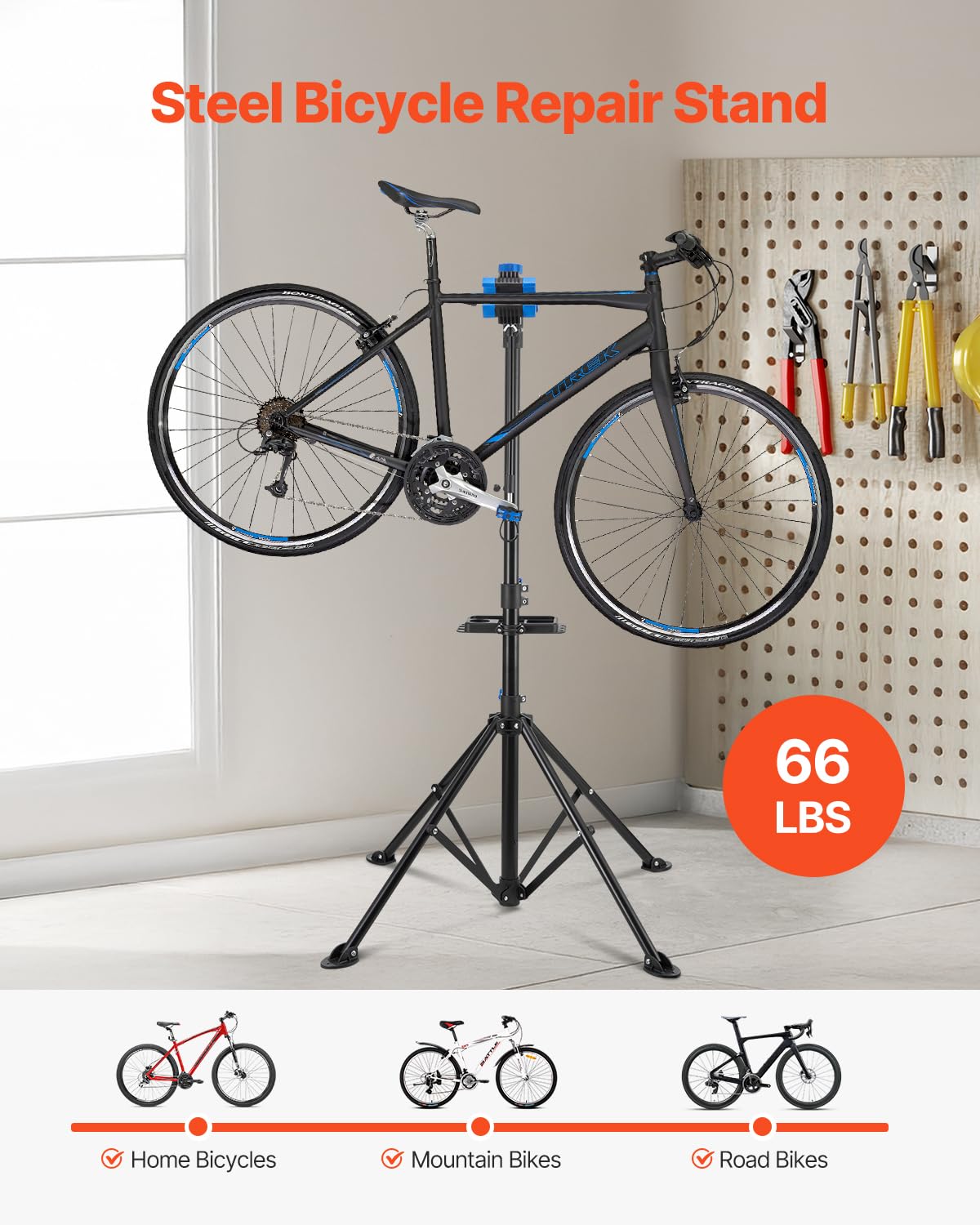 VEVOR Pied d'atelier vélo, hauteur réglable de 835-1440 mm, support de réparation de vélo robuste, charge 29,9 kg, stand de bicyclettes avec plateau à outils magnétique, pour VTT et vélos de route