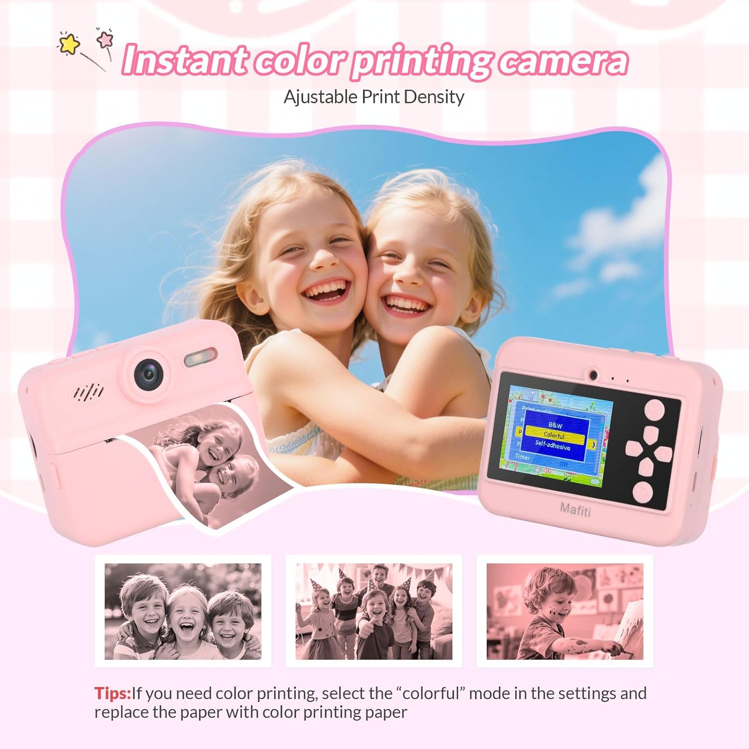 Mafiti Kids Camera Instant Print, 48MP Digital Camera Selfie 1080P Video with 32G TF Card, Toys Gifts for Girls Boys Aged 3-12 for Christmas/Birthday/Holiday (Pink)