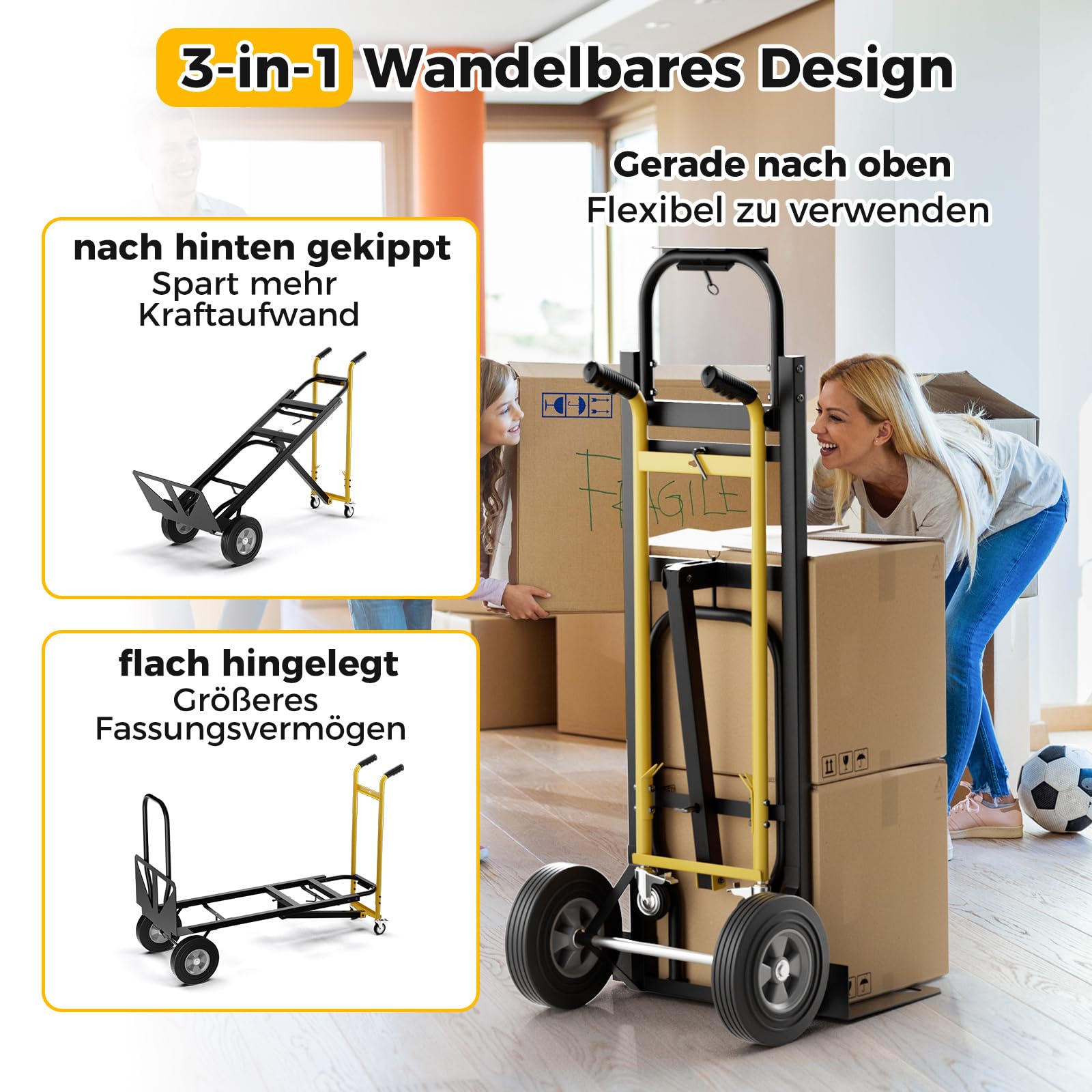 3 in 1 Sackkarre & Transportwagen Klappbarer Handwagen mit Luftbereifung & Gummirädern Gelb 3 in 1 Sackkarre & Transportwagen Klappbarer Handwagen mit Luftbereifung & Gummirädern Gelb