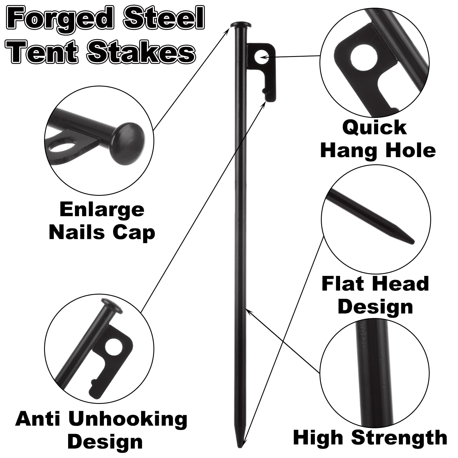 Lot De 16 Piquets De Tente, Piquets De Tente Robustes De 20,3 Cm Avec Pochette De Rangement, Piquets En Acier Forgé De 0,9 Cm De Diamètre Pour Tente Utilisés Sur Les Rochers