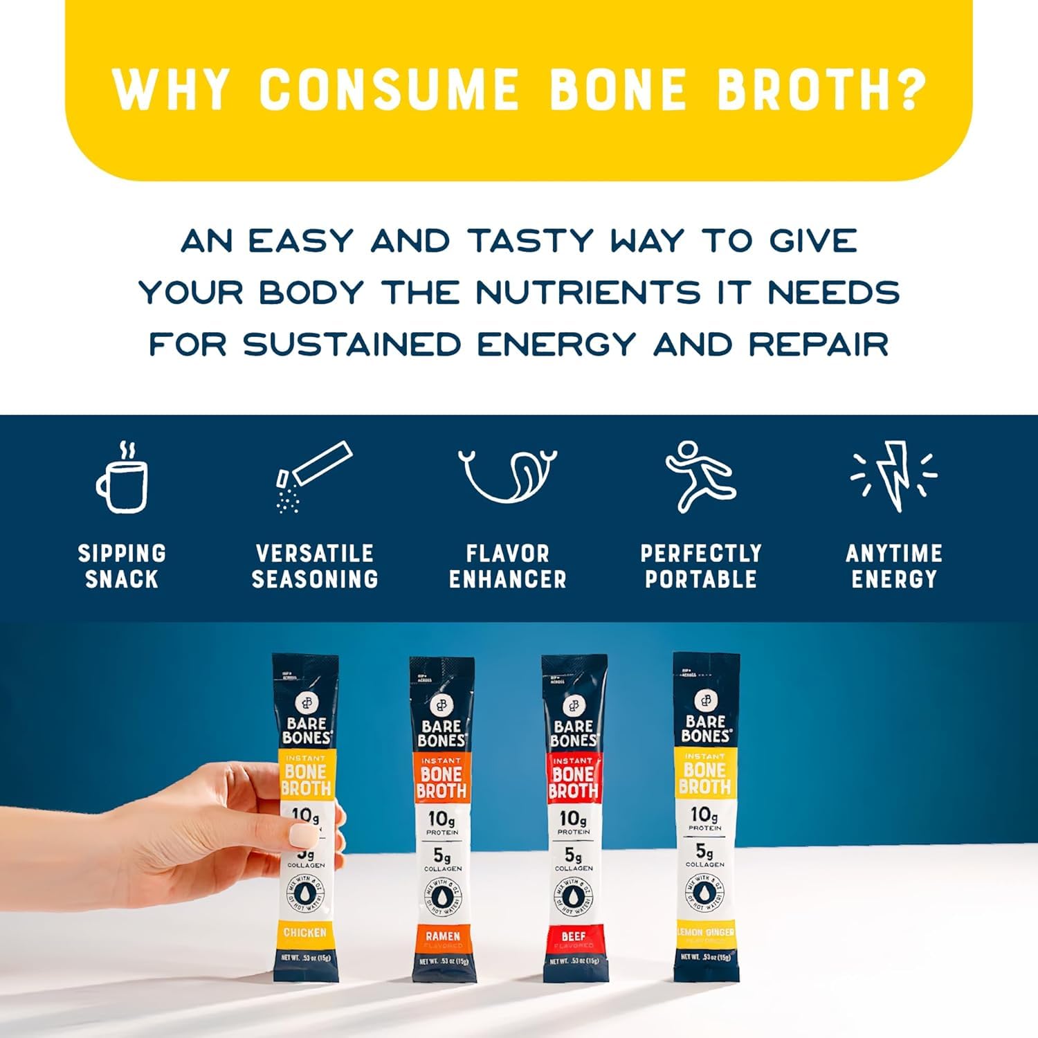Bare Bones Bone Broth Powder Packets Variety Pack | 5 g Collagen | 10 g Protein | Keto & Paleo Friendly | No Artificial Flavors | Non-GMO, Gluten-Free, Dairy-Free on-the-go 16 Pack + Recipe Guide