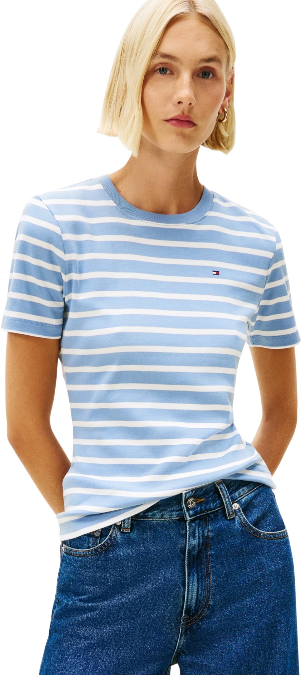 Tommy Hilfiger Women's Slim Cody C-NK SS WW0WW40587 S/S T-Shirt, Blue (Clear Water/Ecru STP), S