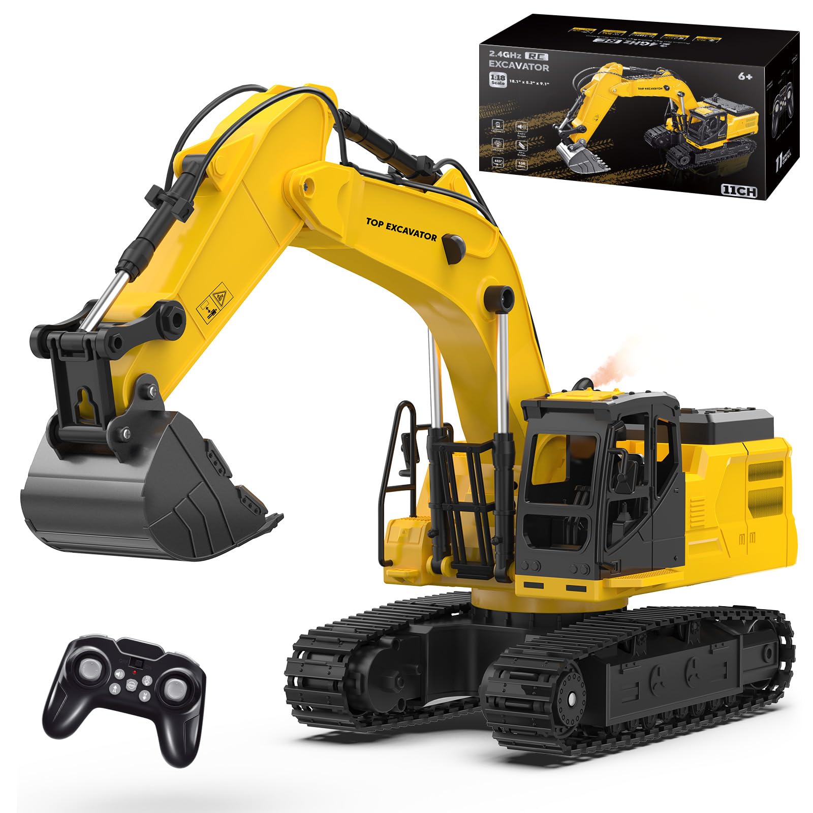 1:18 Metal RC Excavator Toy for Kids | 11-Channel Remote Control Construction Vehicle with Water Spray, Lights & Sounds, Dual 100-Min Batteries, 2026